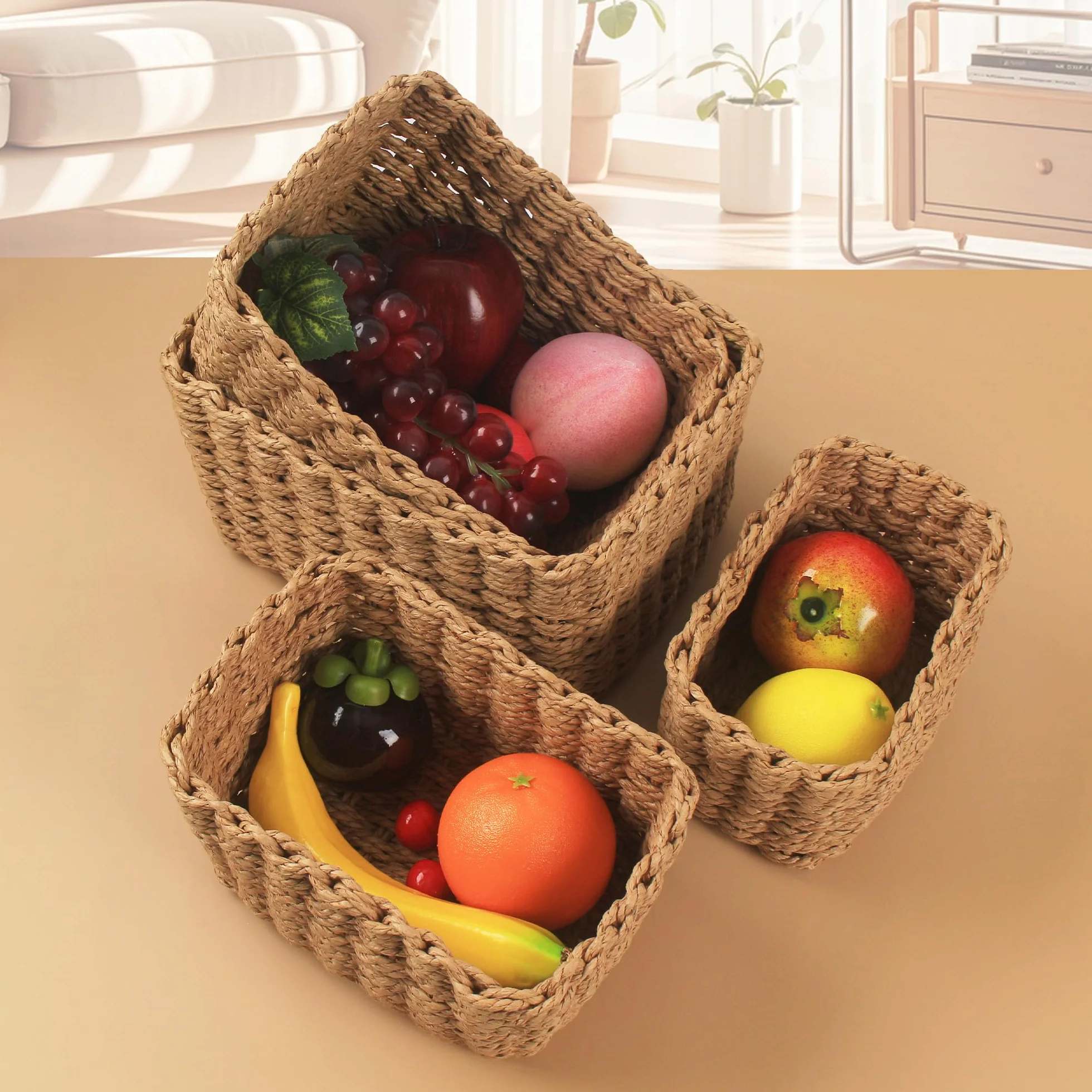 Juego de 4 Cestas de Almacenamiento Trenzadas Boho Apilables para Organizar Cambiador Cocina Salón Dormitorio