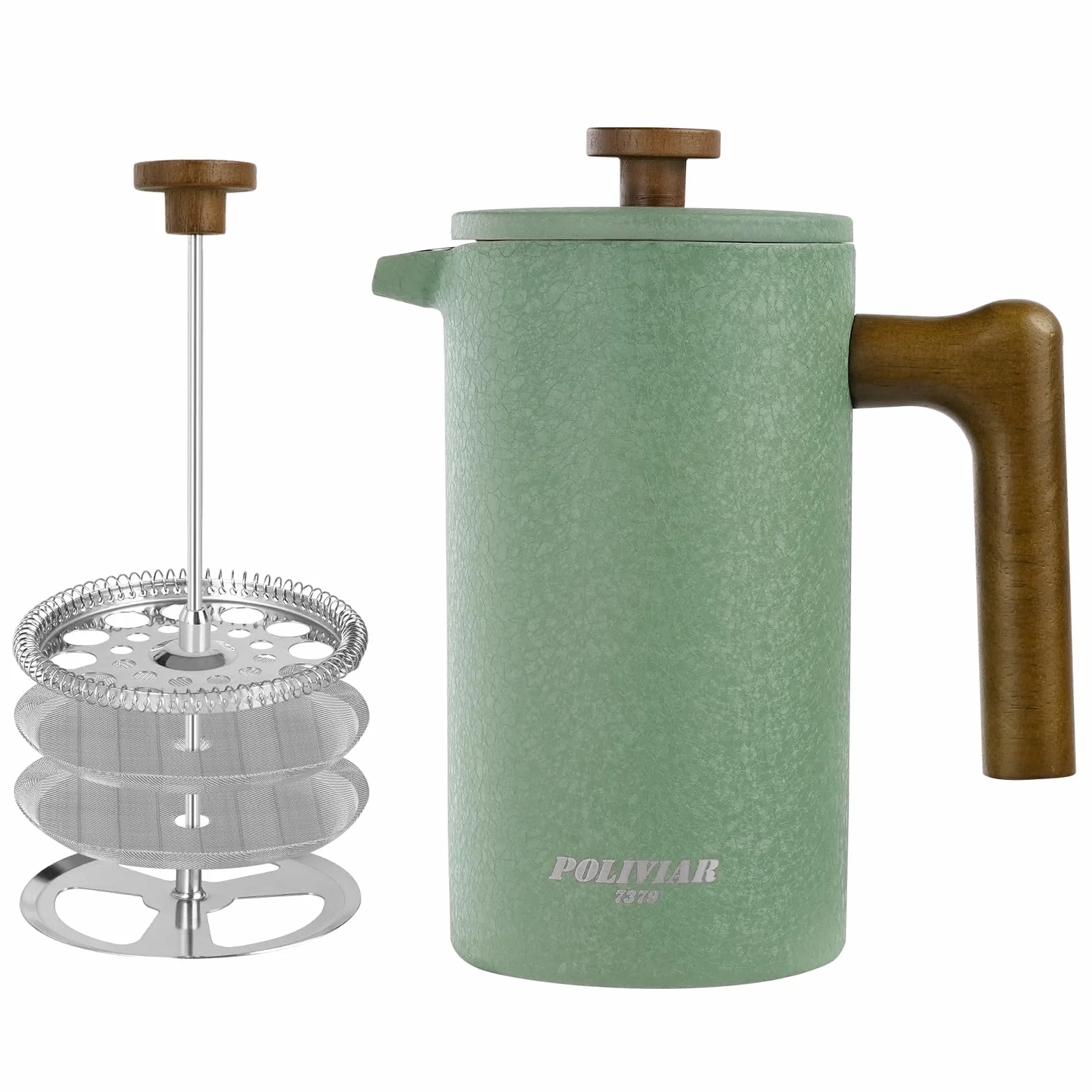 POLIVIAR JX2023-FPLN - Cafetera de prensa francesa, prensa de café de 34 onzas con mango de madera real, aislamiento de doble pared y pantalla de filtro doble, acero inoxidable de grado alimenticio