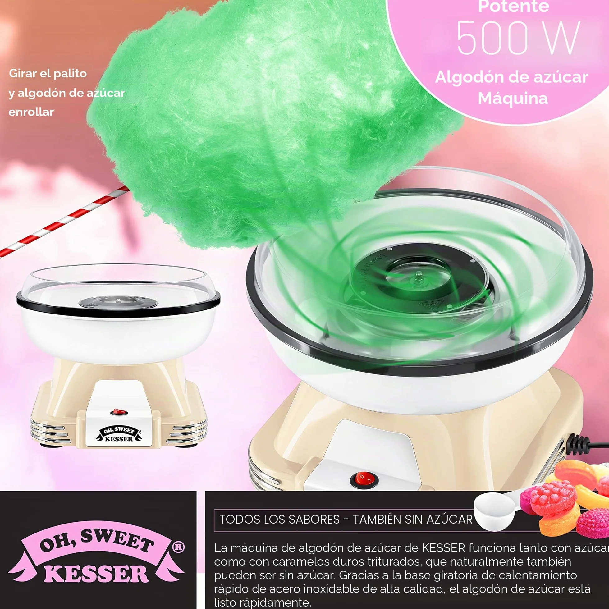 KESSER® Juego de máquina de algodón de azúcar para tu hogar – con 30 Varillas de algodón de azúcar y cucharas medidoras – Máquina de algodón Retro – Máquina de algodón de azúcar con Accesorios