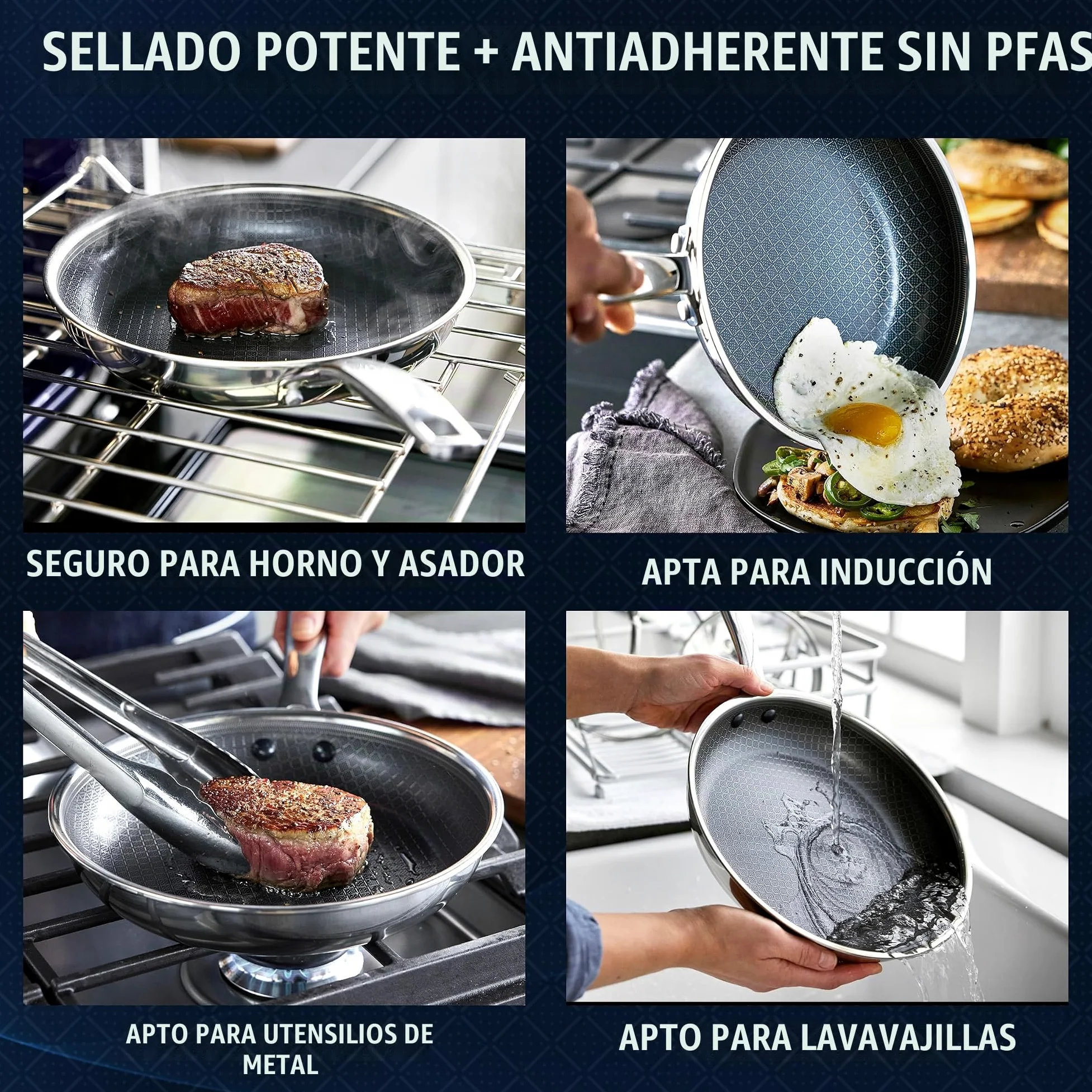 Blue Diamond Sartén híbrida antiadherente de acero inoxidable, 28 cm, sin PFAS, sartén de cerámica Diamond Bond para asar potentes, huevos y tortillas, apto para lavavajillas, mango fresco, inducción