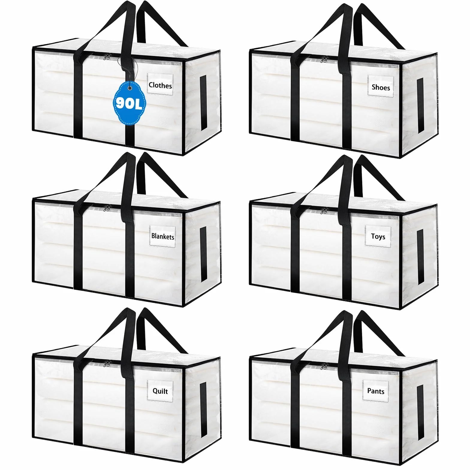 6 bolsas de almacenamiento grandes transparentes de 90 L, con cremallera y asas, para almacenamiento y transporte de ropa, ropa de cama, mudanzas