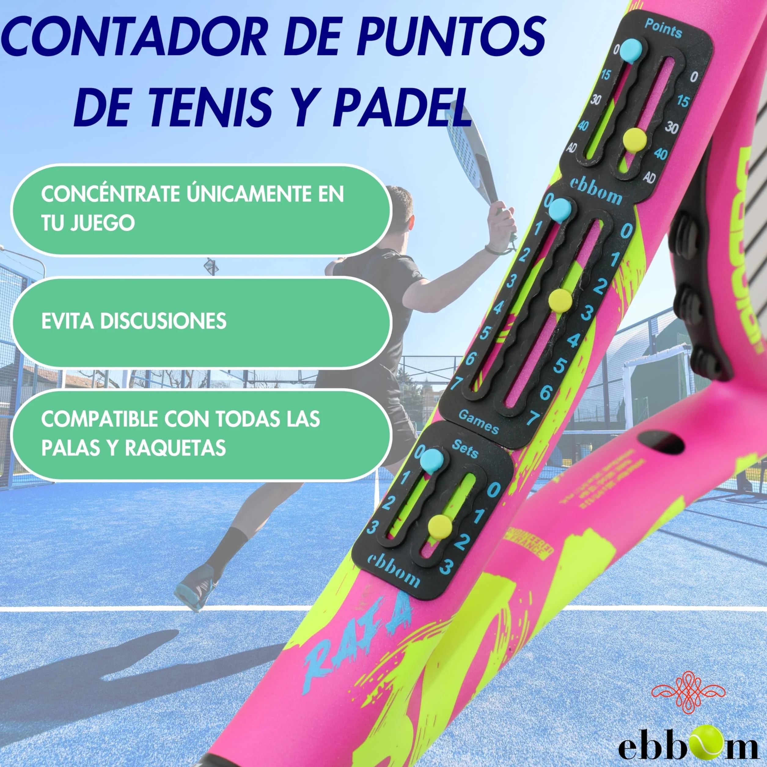 Contador Puntos Padel y Tenis Ultraligero Adhesivo 3M- Incluye 2 Overgrips B/N y 1 Limpiador – Adaptable a Todas Raquetas y Palas - Padel Accesorios - Contador de Puntos Padel