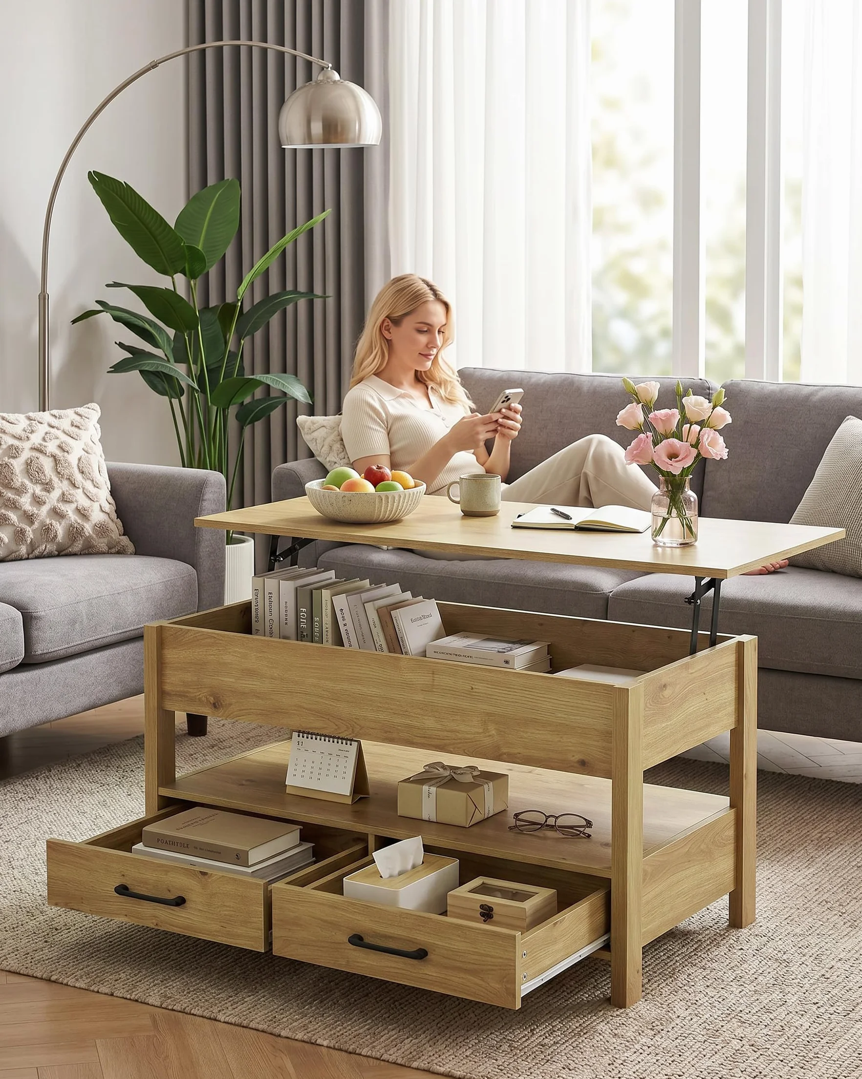 Mesa de Centro Elevable con LED RGB, Mesa Elevable y Extensible para Salón, Mesa Auxiliar Inteligente con Almacenamiento, Mesa para Sofa con Altura Ajustable