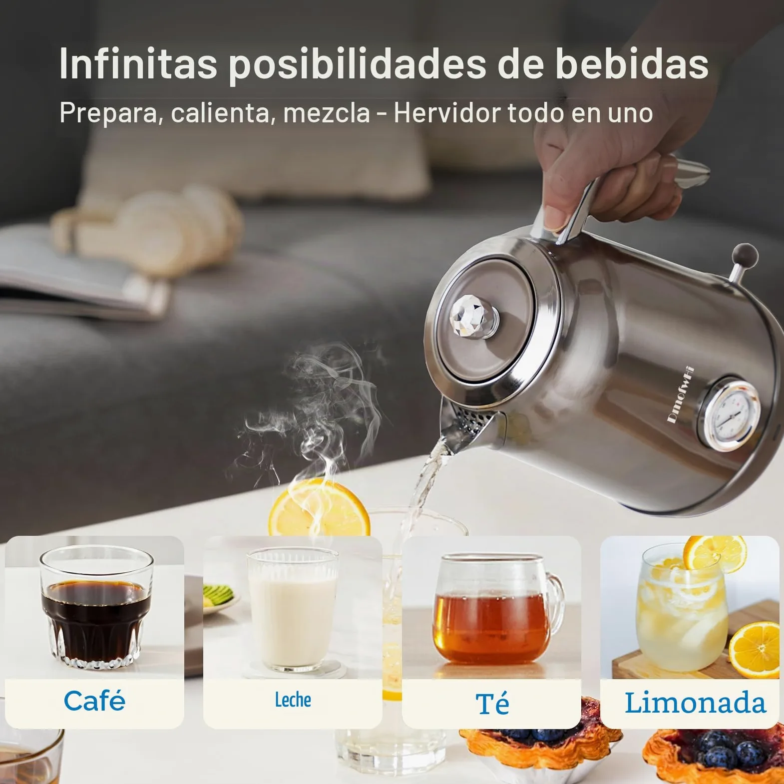 DmofwHi Hervidor de Agua Eléctrico de 1,7 Litros - Tetera Electrica con Termómetro e Indicador de Temperatura - Apagado Auto & Protección Ebullición Seca - Para Café, Té y Familia (Cromo)