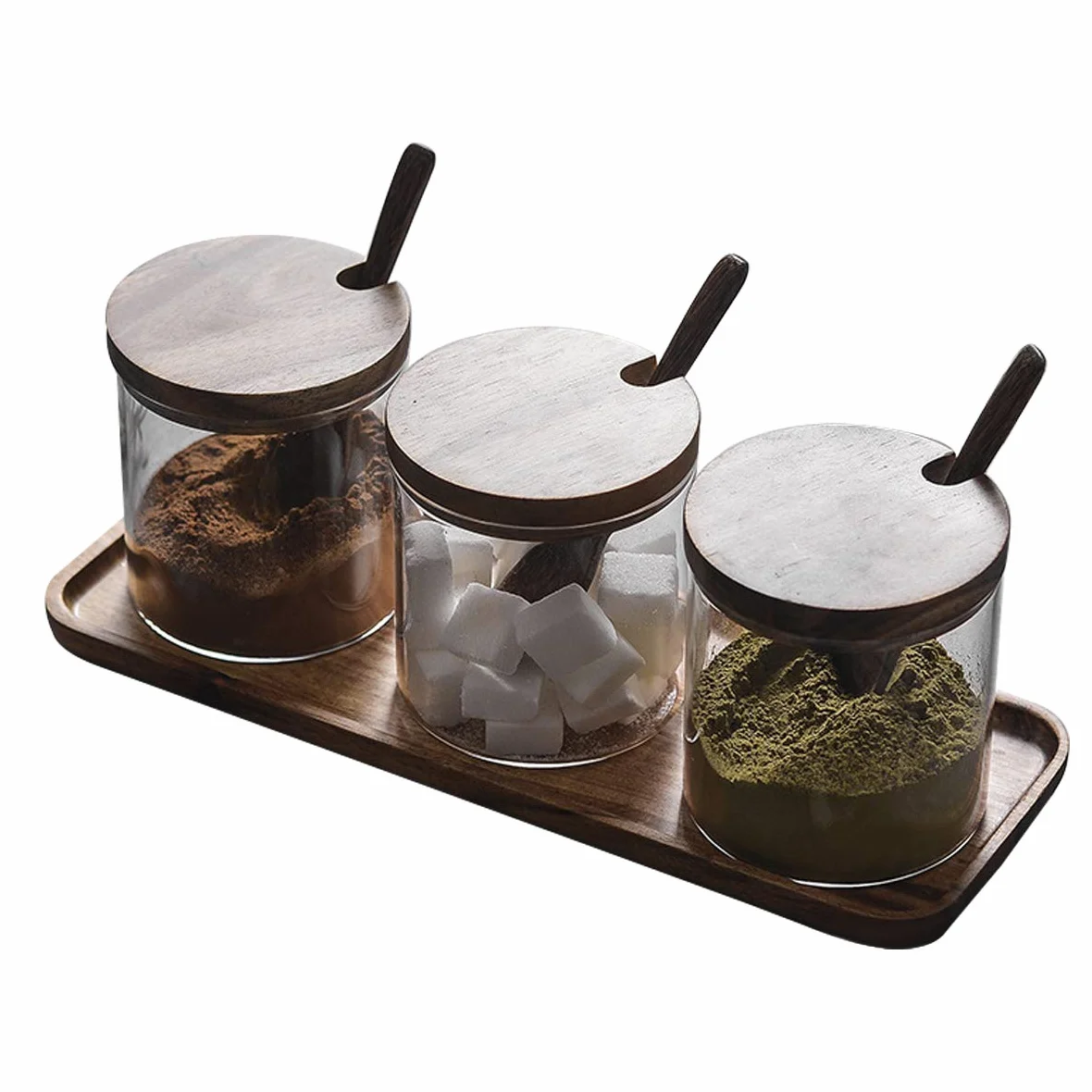 TentHome - Tarros de Especias de Cristal para Especias y 3 tarros de condimentos con cucharas de Madera