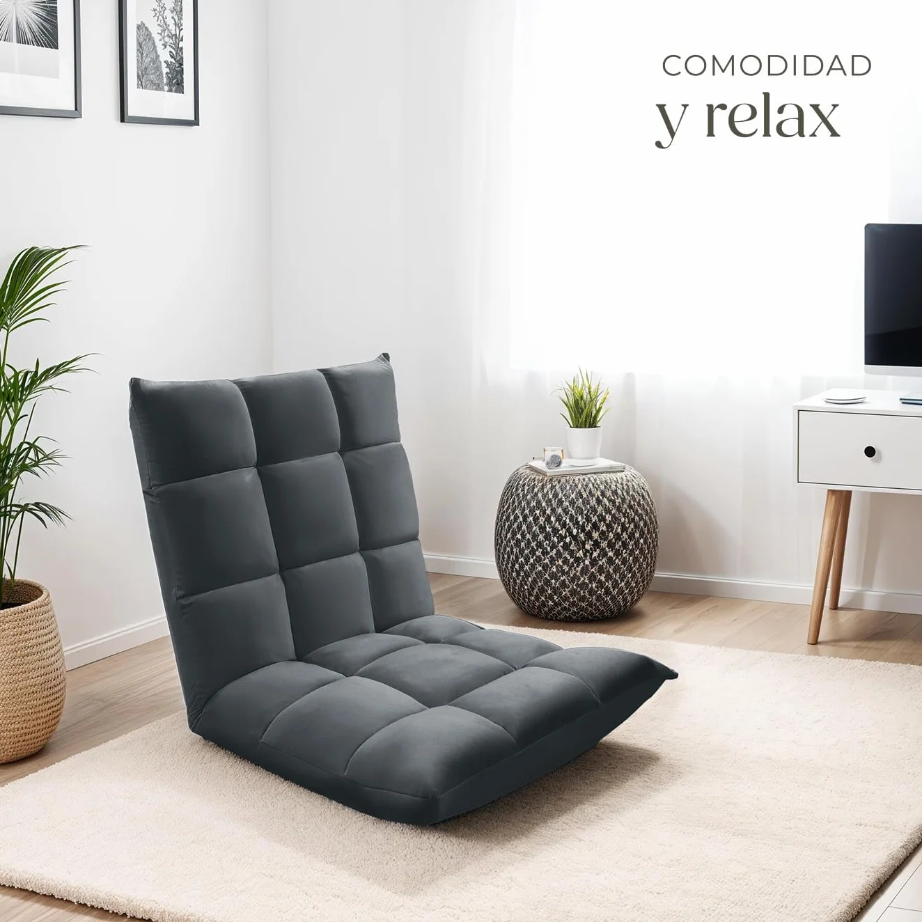 tectake® Sillon Plegable Lectura, Silla de Suelo Ajustable para Tatami, Terciopelo, Respaldo Flexible en 14 Posiciones, Sofa Suelo de Estructura de Acero, Silla Yoga, cómodo cojin de Suelo - Gris