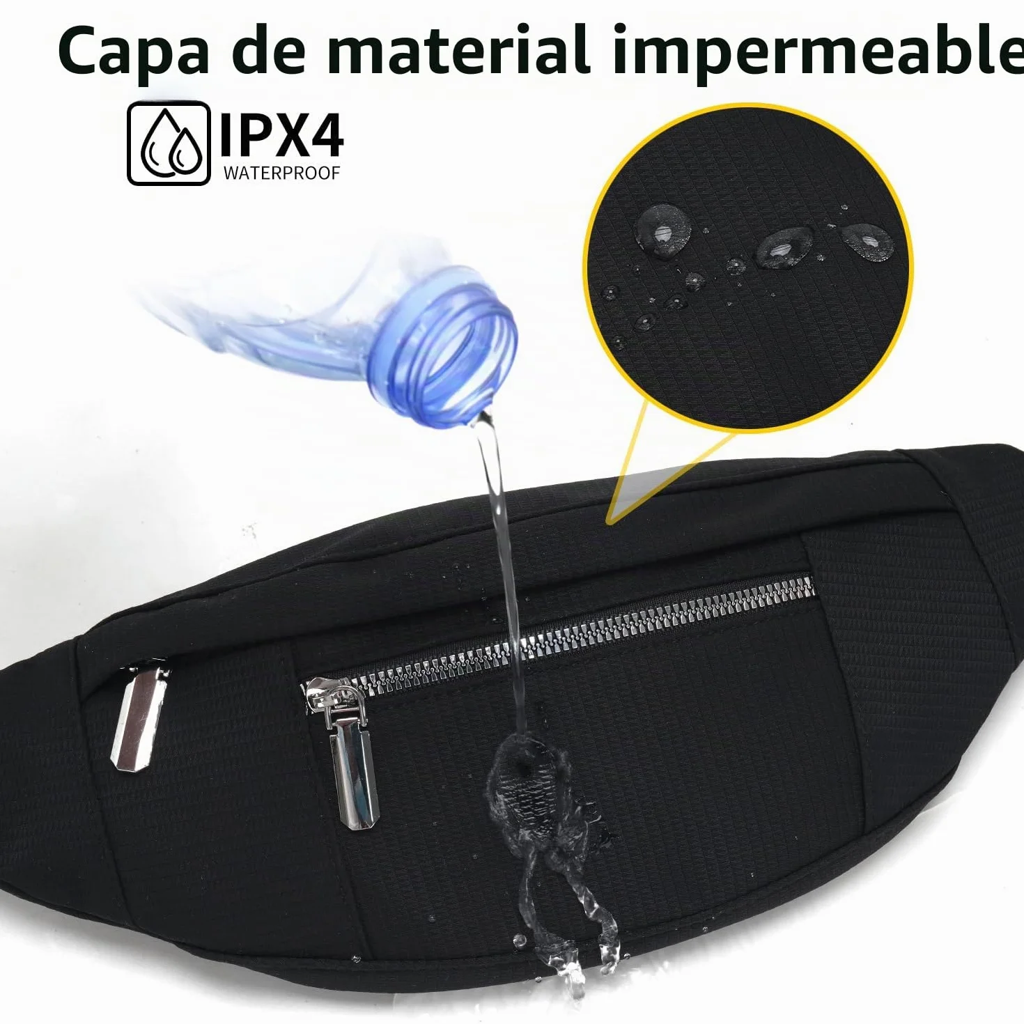 QUKUDS Riñonera Impermeable Mujer Hombre Bolso de Cintura Deportiva con Cinturón Ajustable Negro