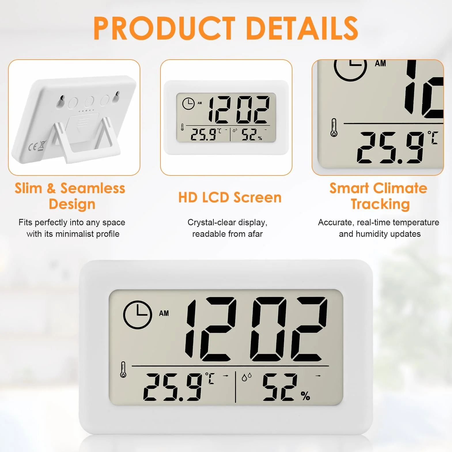Termómetro Higrómetro Electrónico con Despertador Digital Inalámbrico Casa Reloj Pared para Mesita de Noche con Medidor Temperatura y Humedad 12/24 Horas Apto Habitacion y Sala Estar