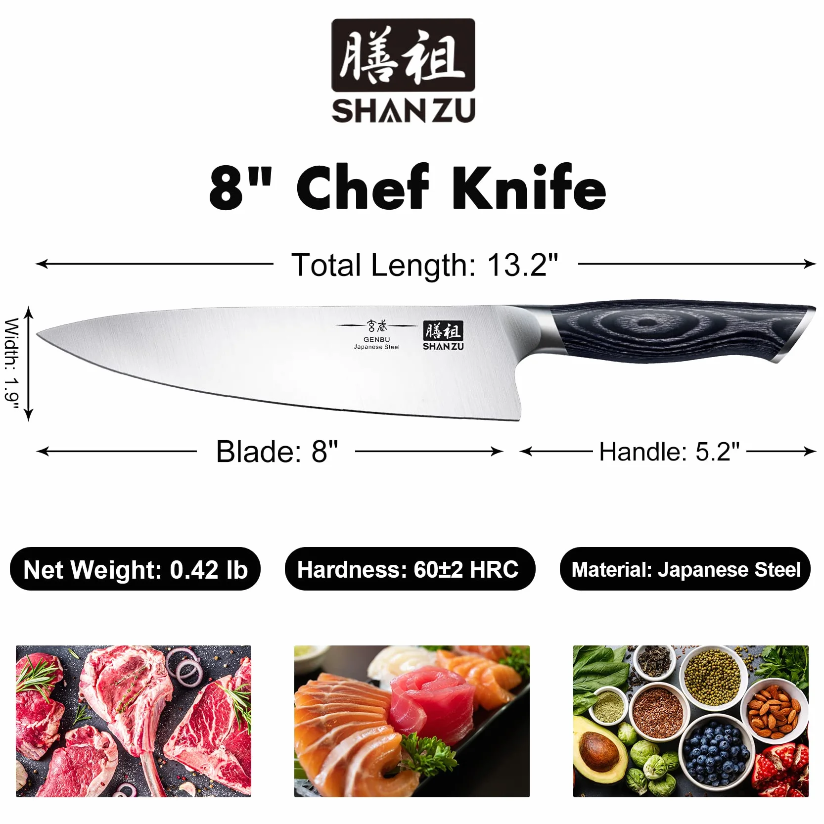 SHAN ZU Cuchillo de chef, cuchillo de cocina de 8 pulgadas, cuchillos de chef japoneses súper afilados de acero, cuchillo para picar, cuchillo de cocina con mango ergonómico K133 - Serie Genbu