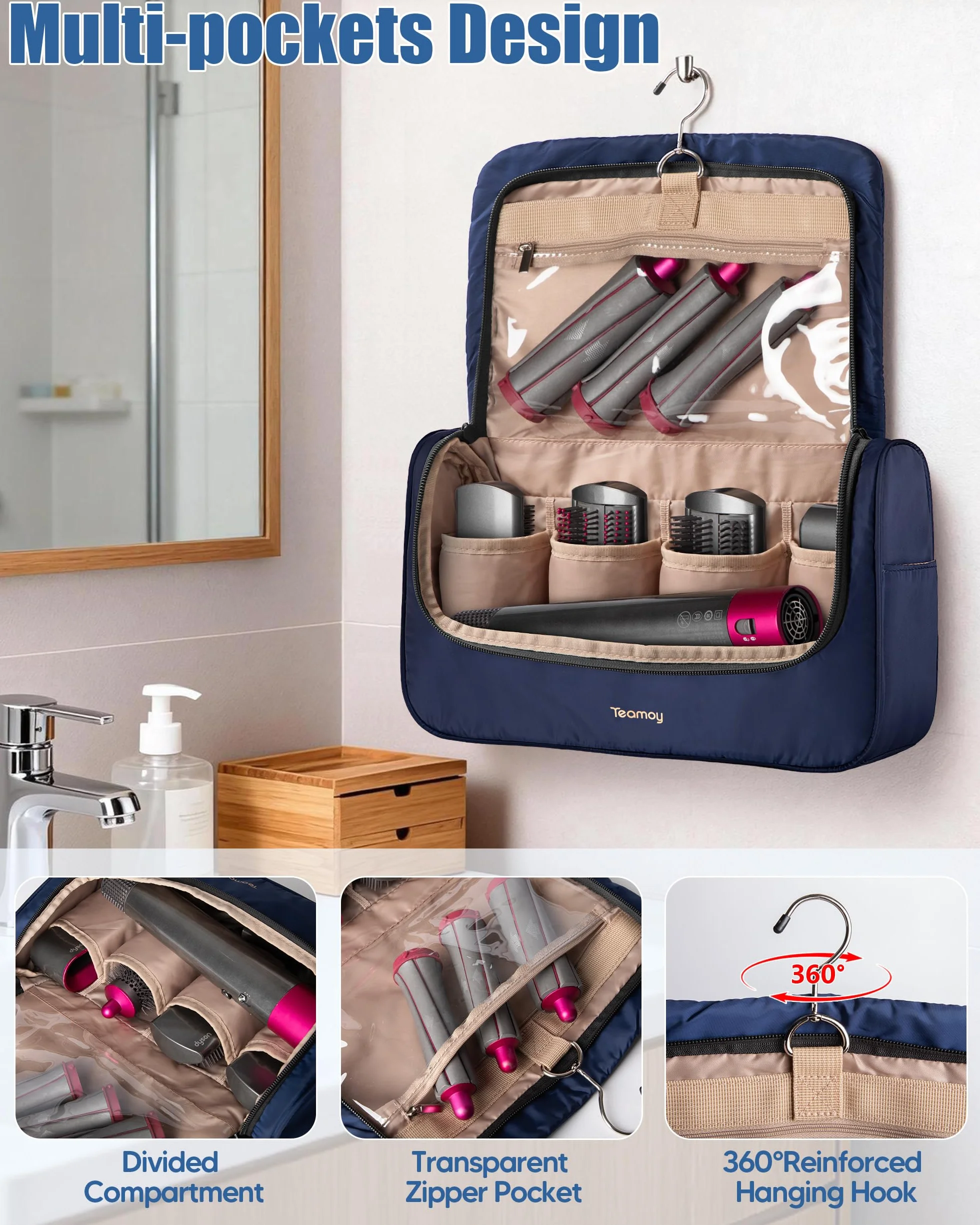 Teamoy Bolsa de Almacenamiento de Viaje Compatible con Dyson Airwrap, Organizador Portátil, Cilindro Largo, Azul Oscuro