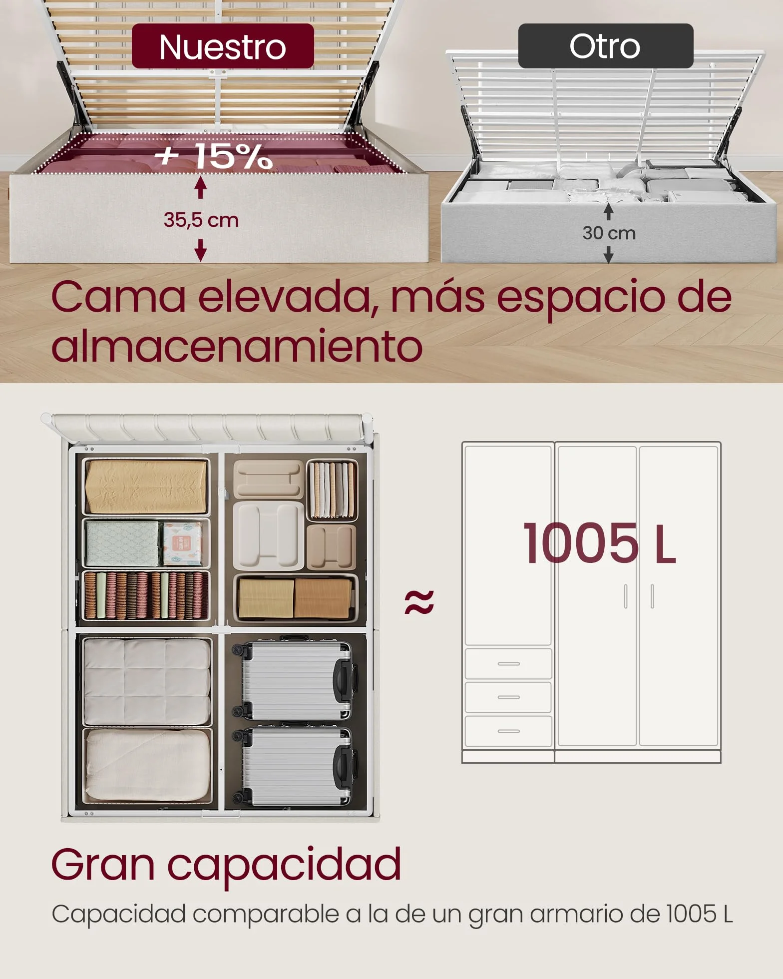 VASAGLE Estructura de Cama, 160 x 200 cm, Cama Elevable, 2 Personas, con Almacenaje, Cabecero, Sistema Hidráulico, Moderno y Minimalista, Fácil Montaje, Beige Capuchino RMB615LH01