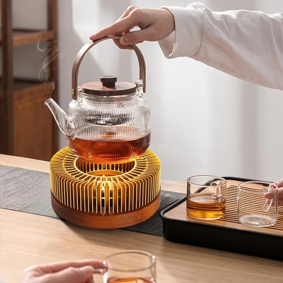 Calentador de Tetera de Aluminio con Base de Madera, Universal para Té, Café, Camping