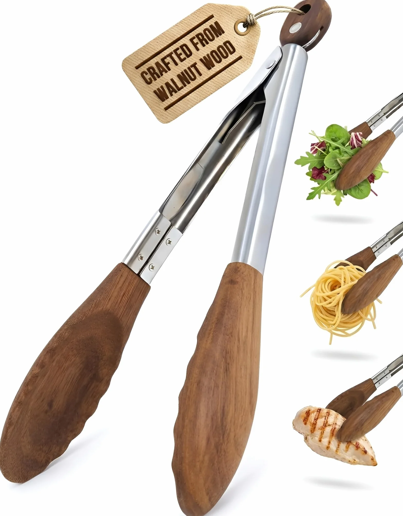 Boxiki Kitchen Pinzas de Cocina Profesionales Acero Inoxidable 30cm con Puntas de Madera de Nogal Natural