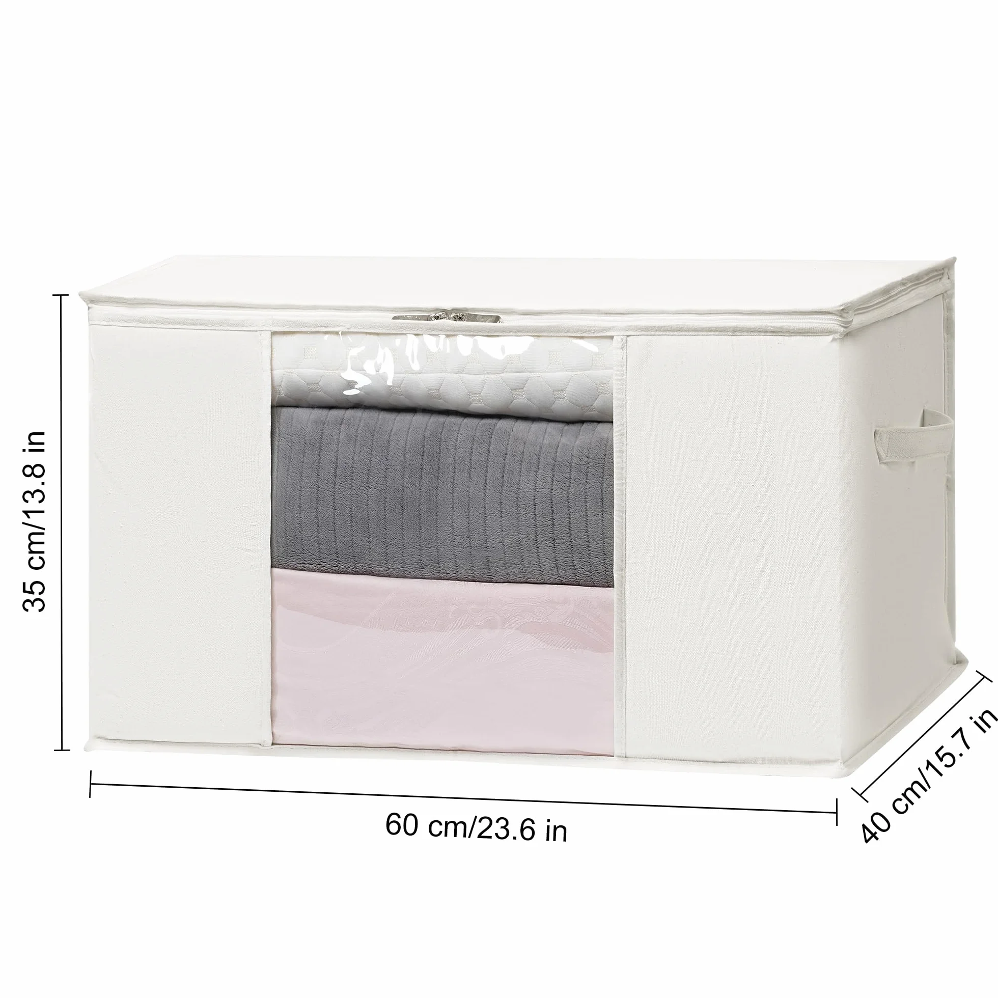 TYEERS Bolsas de Almacenaje de Tela Mezclada con Algodón, con Cremallera y Ventana Transparente, Organizador Armario para Ropa de Temporada y Ropa de Cama, 60x40x35 cm, Paquete de 2, Beige