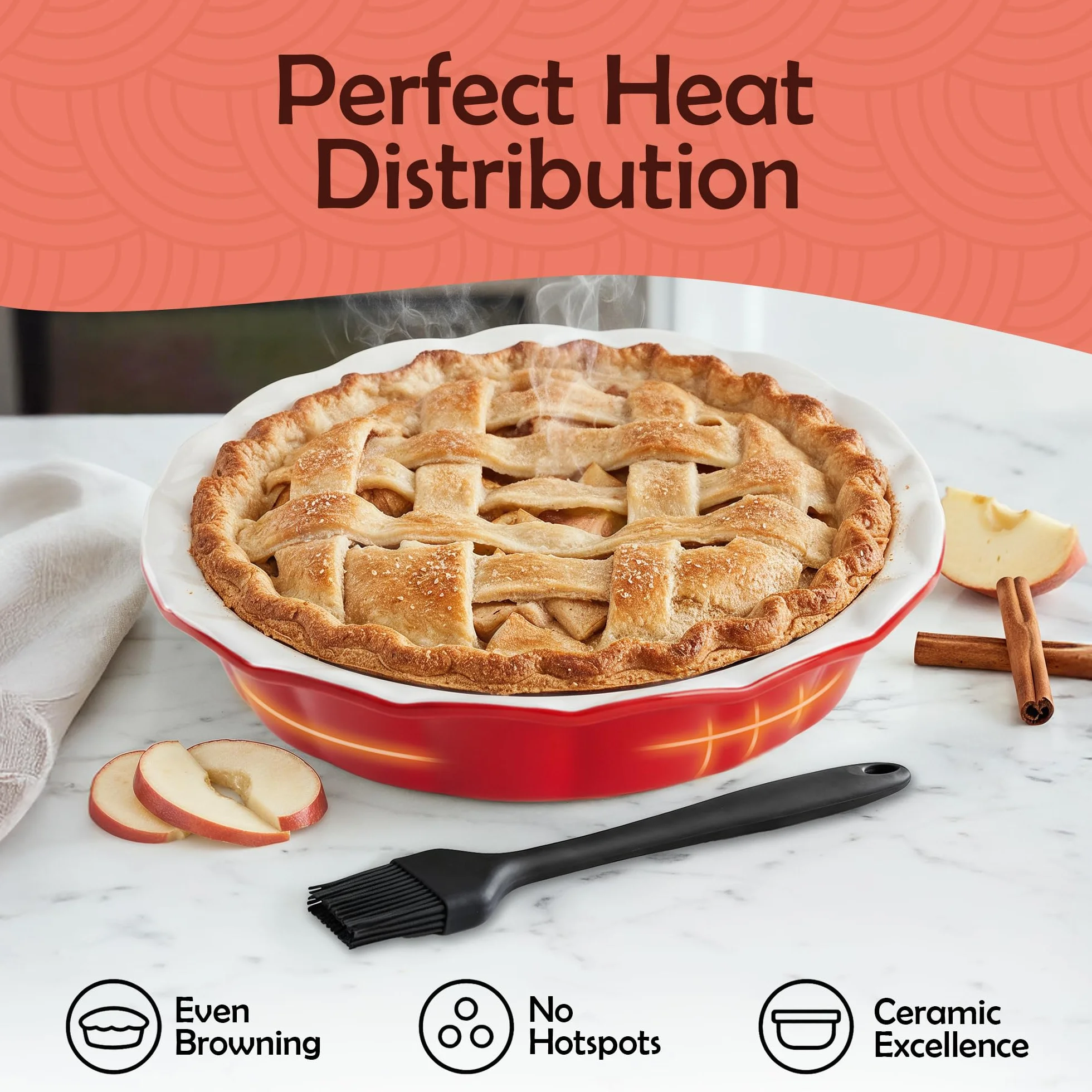 Muldale Plato de cerámica para tartas de 9 pulgadas – Sartén para hornear acanalada profunda para manzana, calabaza, filete de carne, apto para lavavajillas, color rojo