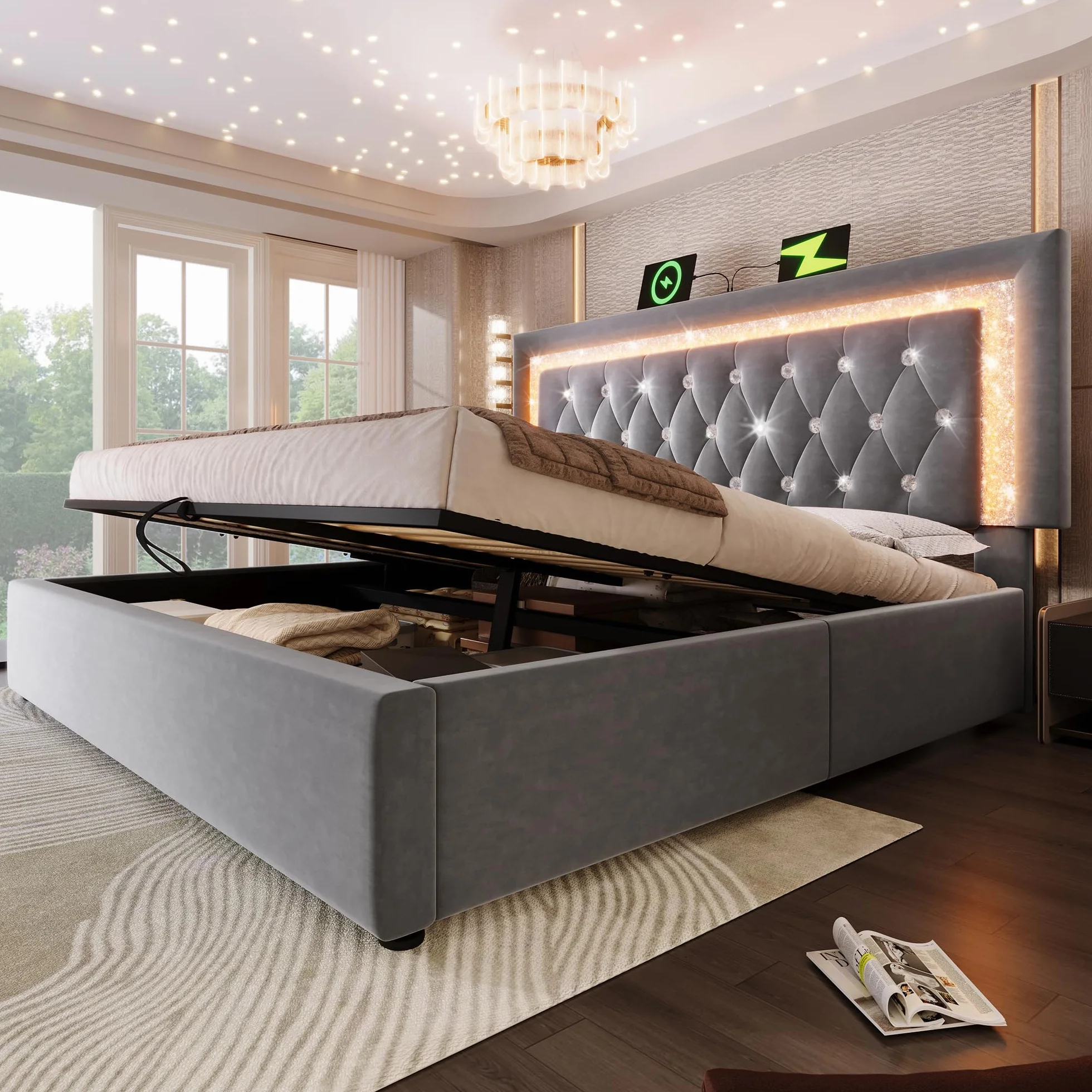 Cama Tapizada Matrimonio 140x200 cm con Cabecero LED y Carga USB, Camas Juveniles con Almacenaje Hidráulico, Camas Matrimoniales con Lamas de Madera, Terciopelo, Sin Colchón, Gris