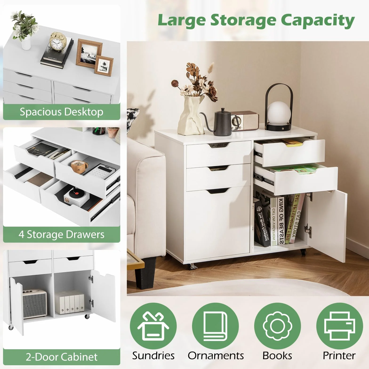 KOMFOTTEU Archivador Móvil con 5 Ruedas, Cómoda con 4 Cajones y 2 Armarios con Puertas, Soporte para Impresora de Madera, Mueble de Almacenamiento para Oficina, Salón