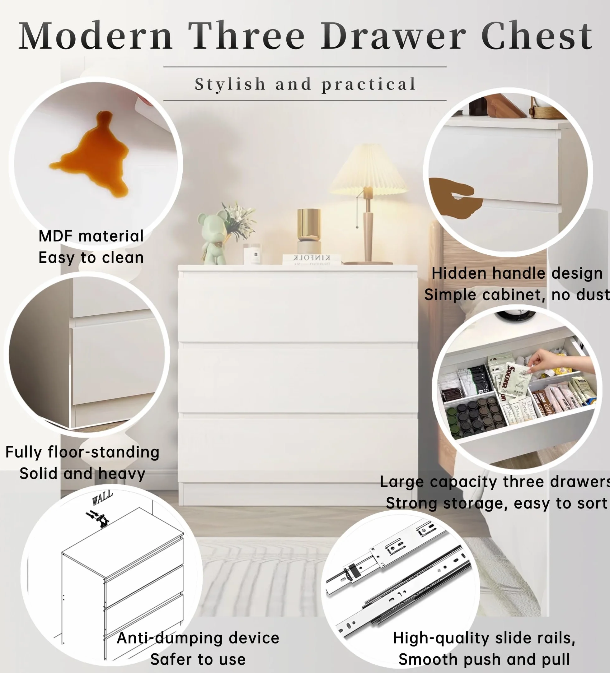 Cómoda Blanca con 3 Cajones, Cómoda y Cajonera Dormitorio Mueble de Cajonera Blanca Moderno Gavetero Alta 75 cm Almacenamiento Sinfonier para Dormitorio Salón Oficina (3 Cajones)