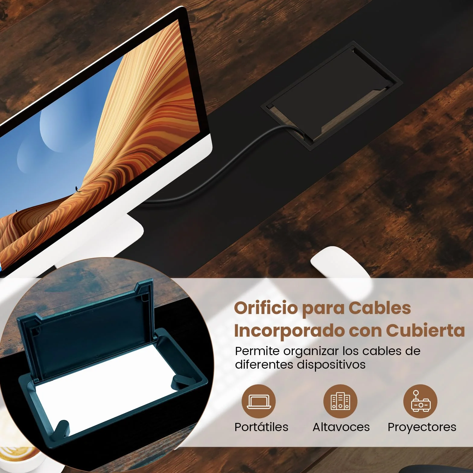 COSTWAY Mesa de Reunión 180x90 cm, Mesa Grande de para 8-10 Personas, Escritorio Rectangular con Orificio para Cables, Marrón Rústico, Oficina, Sala de Juntas
