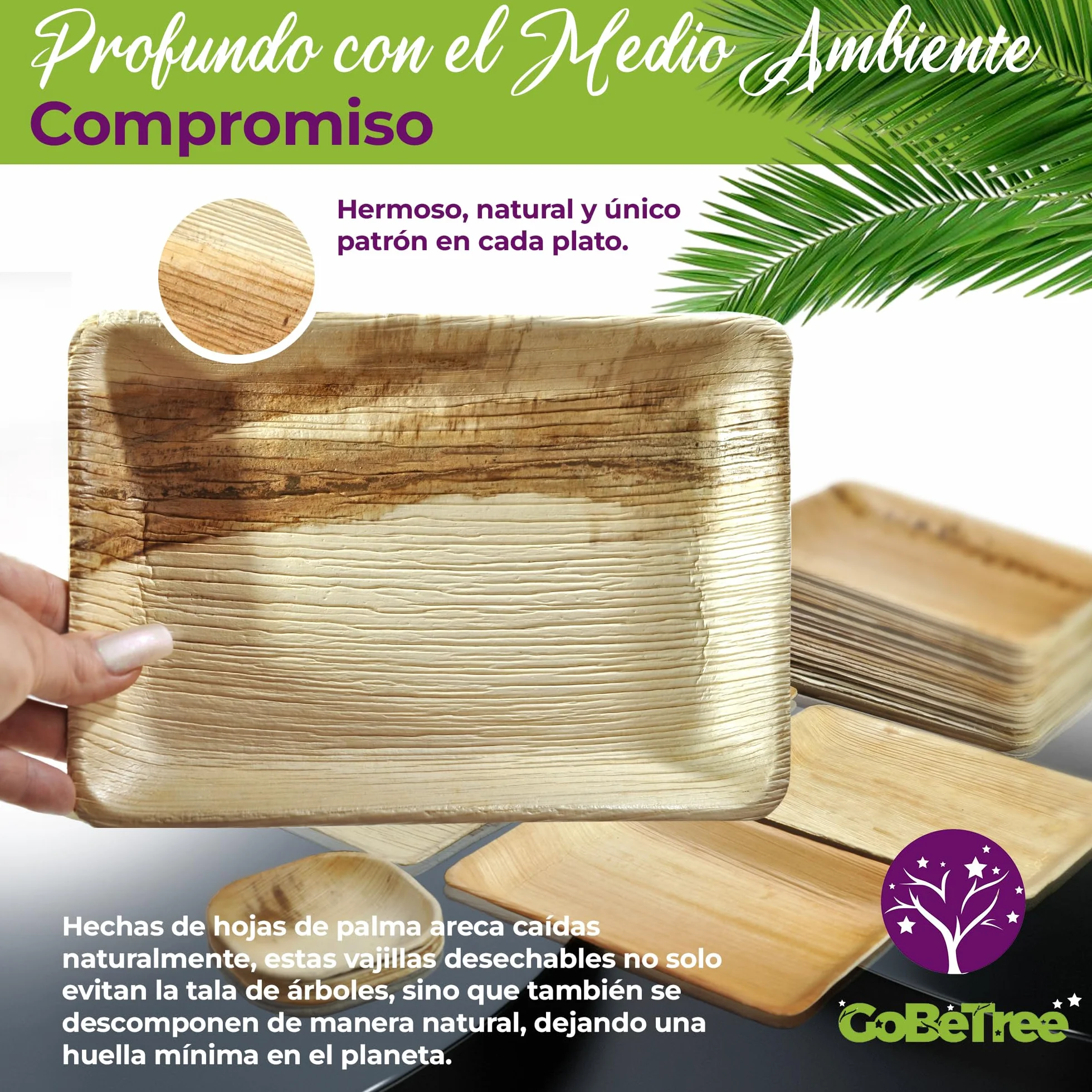 GoBeTree 30 Platos Desechables de Hoja de Palma 23x16 cm. Bandejas Rectangulares Elegantes Estilo Bambú para Tapas, Entrantes y Postres, Vajilla Rústica