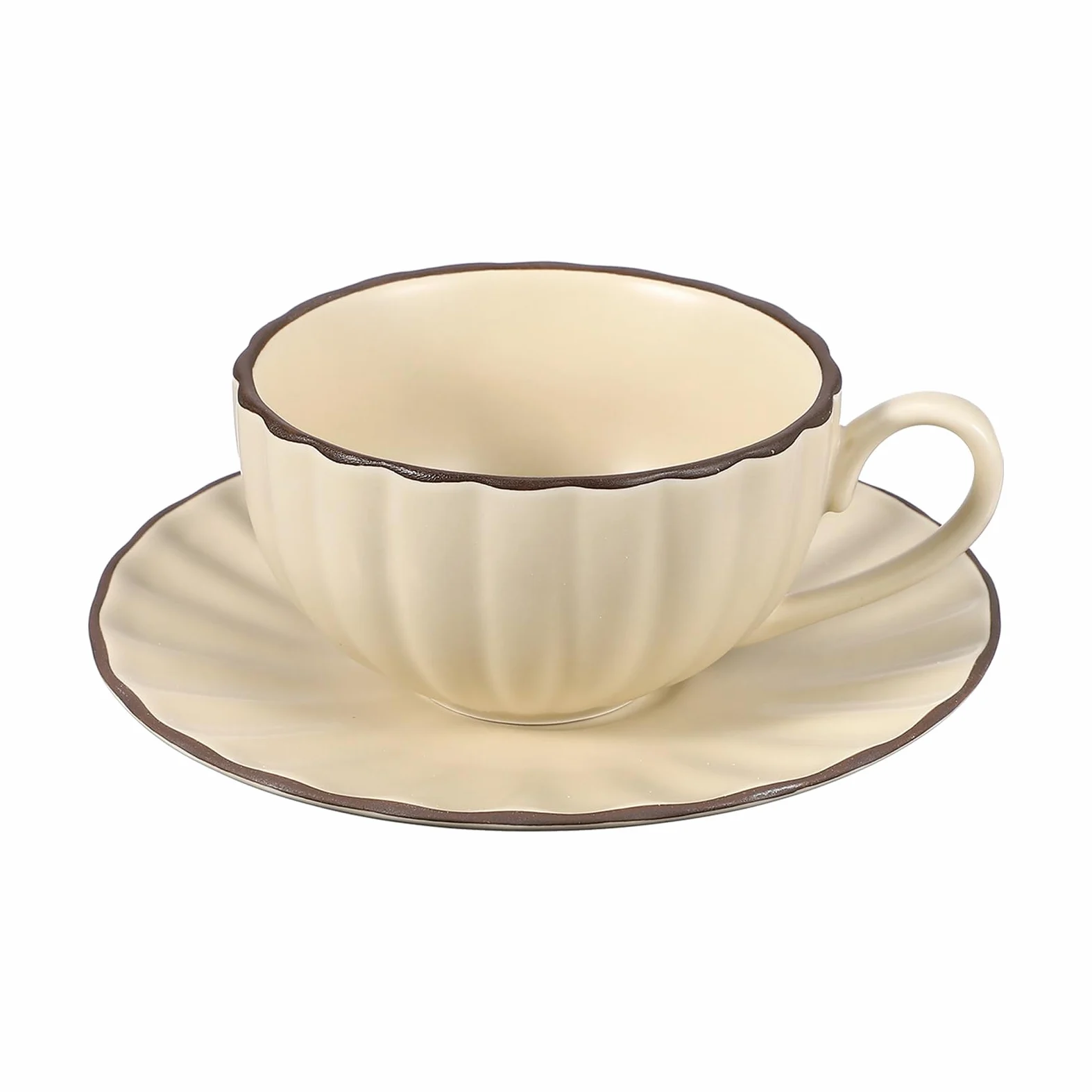 QUARKZMAN Tazas De Espresso Vintage Hechas A Mano Taza De Té Cerámica Beige | Tazas De Café Y Platillos De 8 Oz, Con Asa, Seguras Para Lavavajillas Y Microondas, Para Latte, Hogar, Regalos