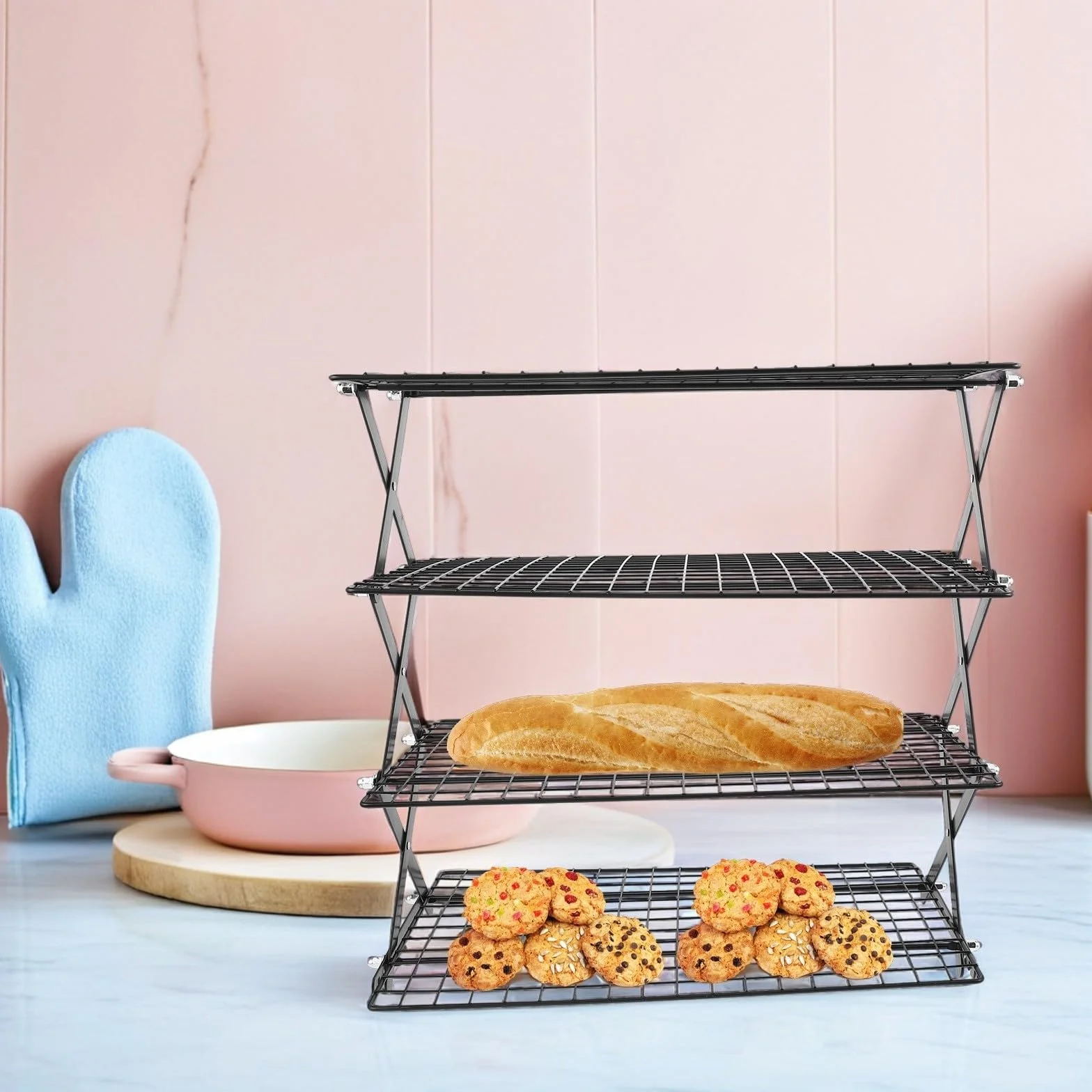 IMIKEYA Rejilla de Enfriamiento de Pan de Hierro Negro, 4 Niveles | Apilable, Plegable, Superficie de Malla, para Galletas y Cocina Profesional