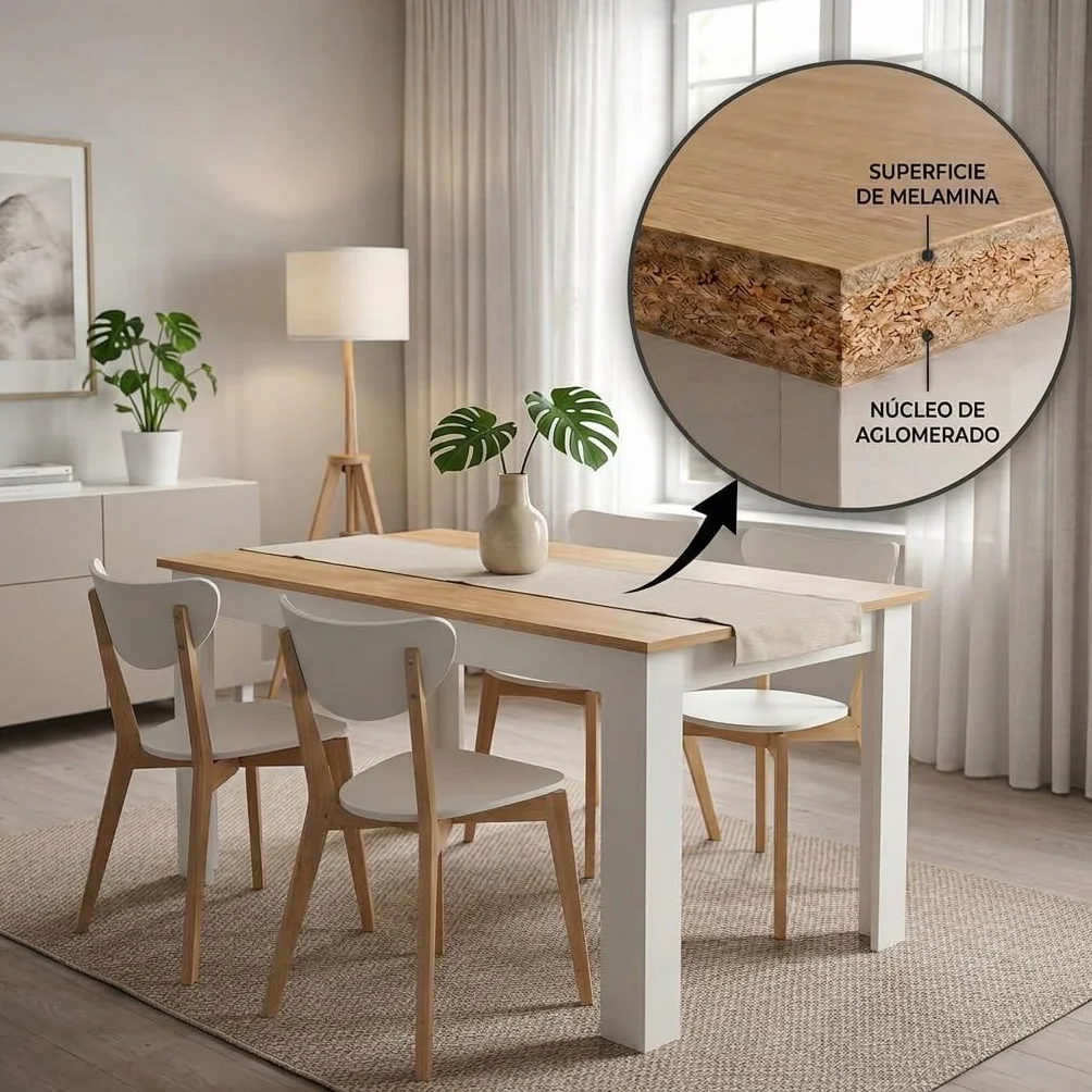 edihome, Mesa Comedor, 138 (Largo) x 90 (Ancho) x 75 (Alto), Modelo Denver, para salón, Cocina, Acabado Blanco y Cambria (Blanco/Madera)