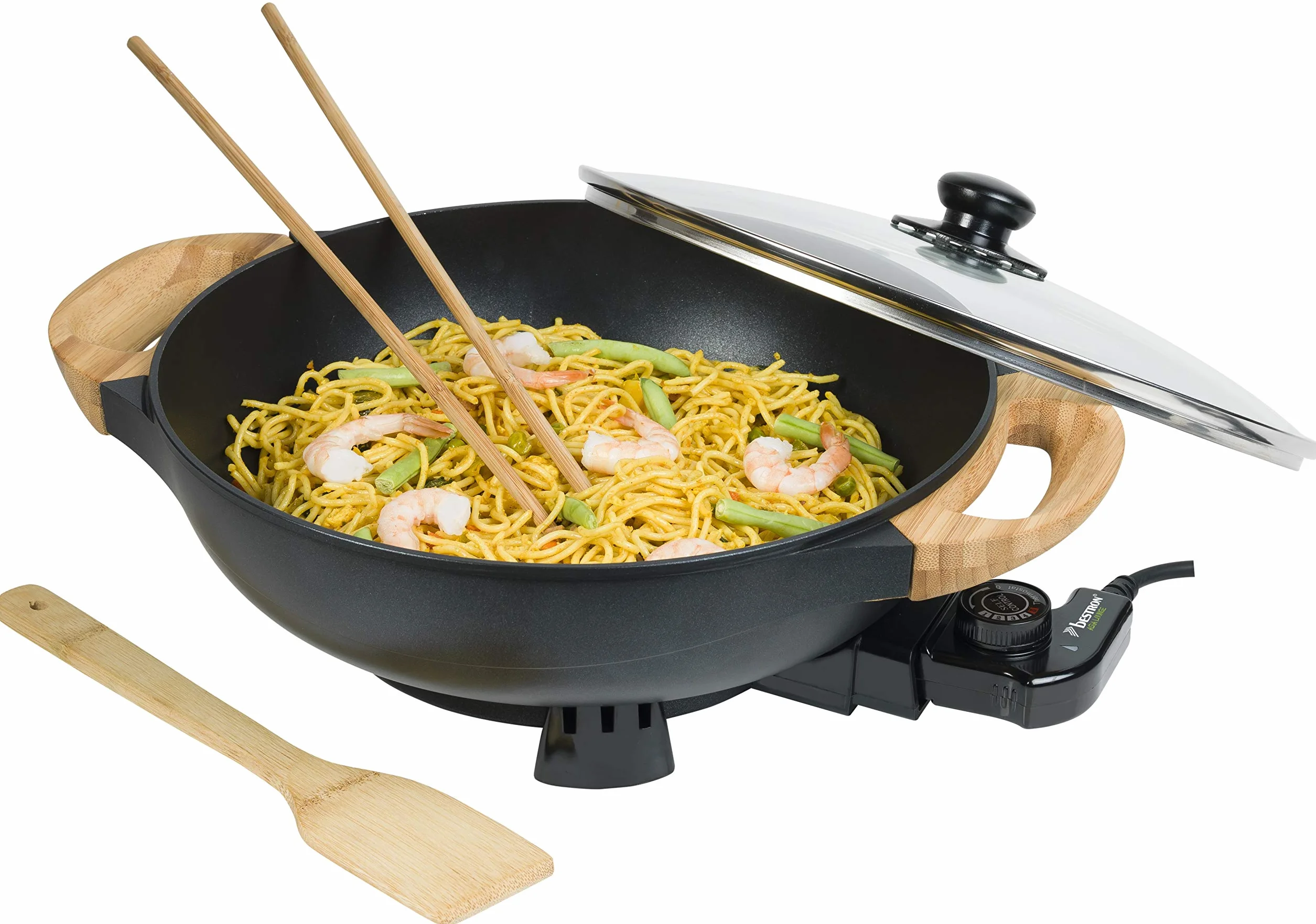 Bestron AEW100AS Wok eléctrico con asas de bambú, sartén wok XL con tapa de cristal en diseño asiático, incluye espátula de bambú, 2 palillos de cocina y libro de recetas, 1500 W, color negro, metal,