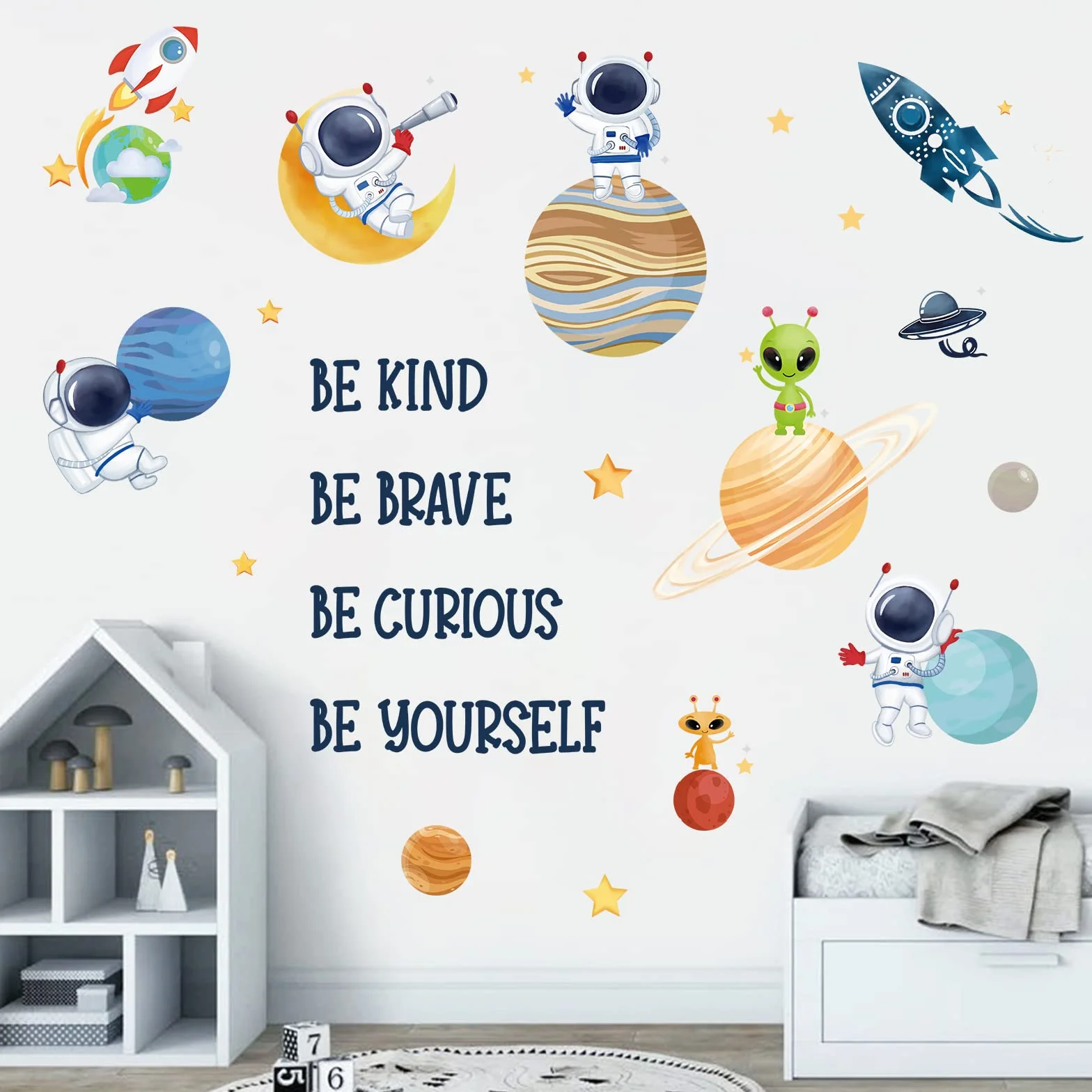 Wondever Pegatinas de Pared Espacio Planetas Adhesivos Decorativos Astronauta Sistema Solar Vinilos para Habitación Niño Bebés Dormitorio Guardería