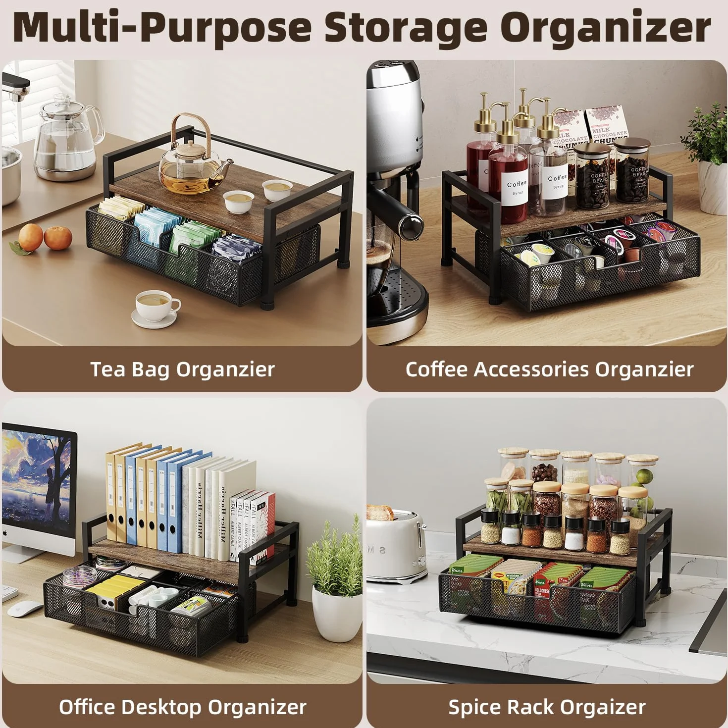 Soporte Metálico para Bolsitas de Té con 8 Compartimentos,Caja Te Organizador de Infusiones con Cajón,Negro