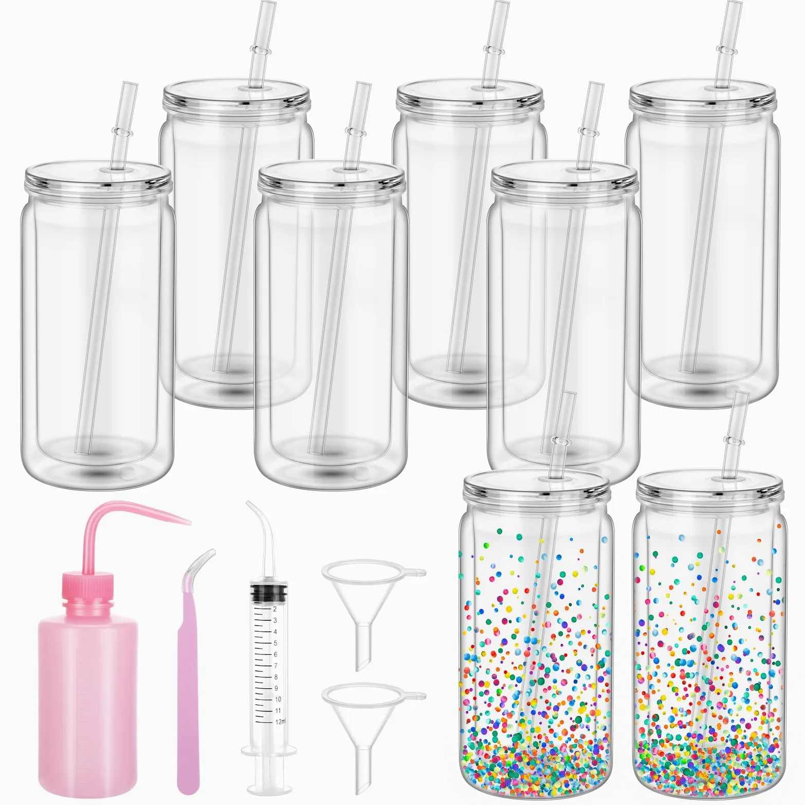 Juego de 8 vasos de bolas de nieve de plástico de doble capa con tapas | Vasos acrílicos transparentes de 16 onzas con tapones de silicona y botella exprimible para llenar y sellar
