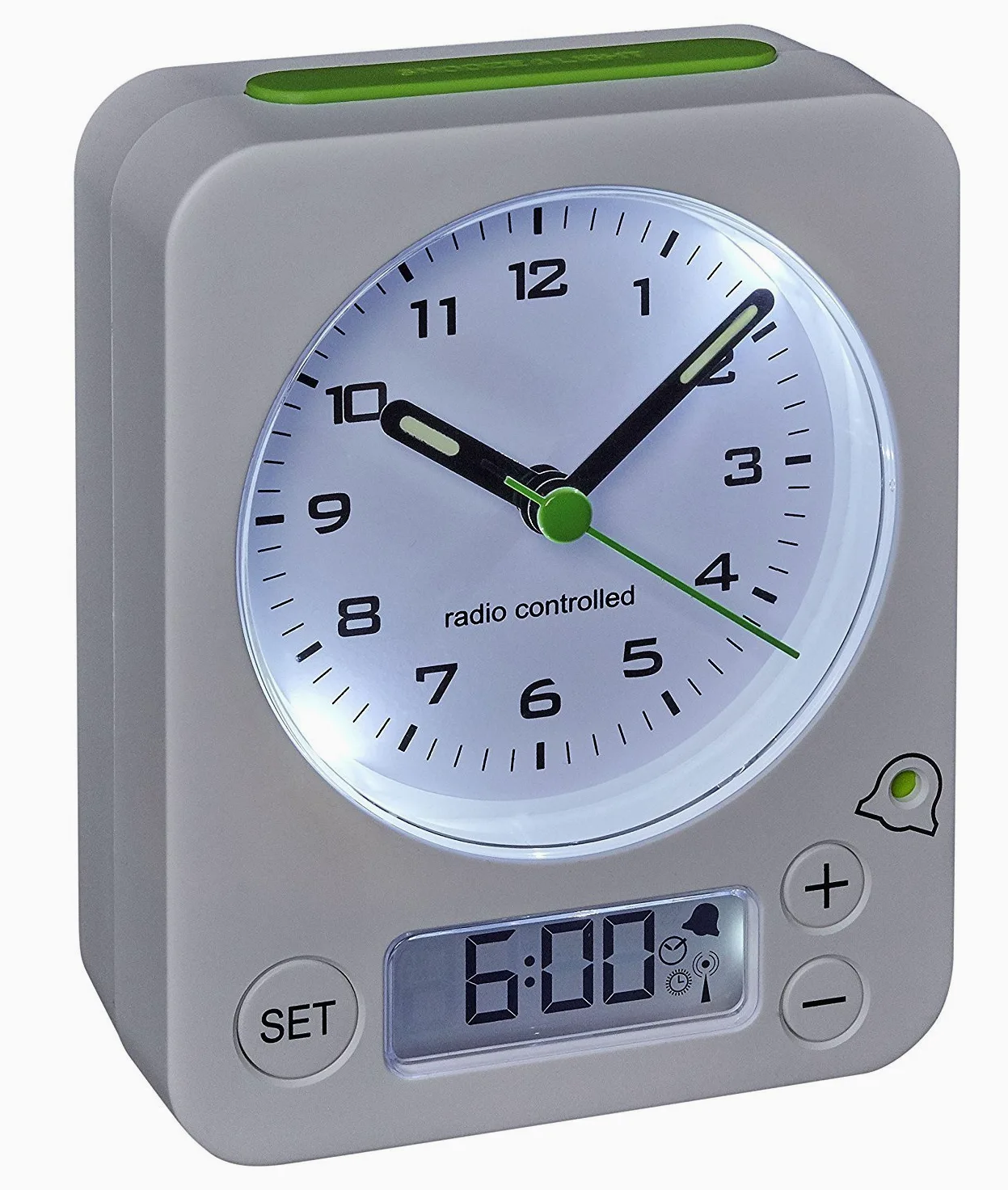 TFA-Dostmann 60.1511 Radio Despertador Combo Reloj Despertador de Viaje analógica, Blanco-Verde con baterías