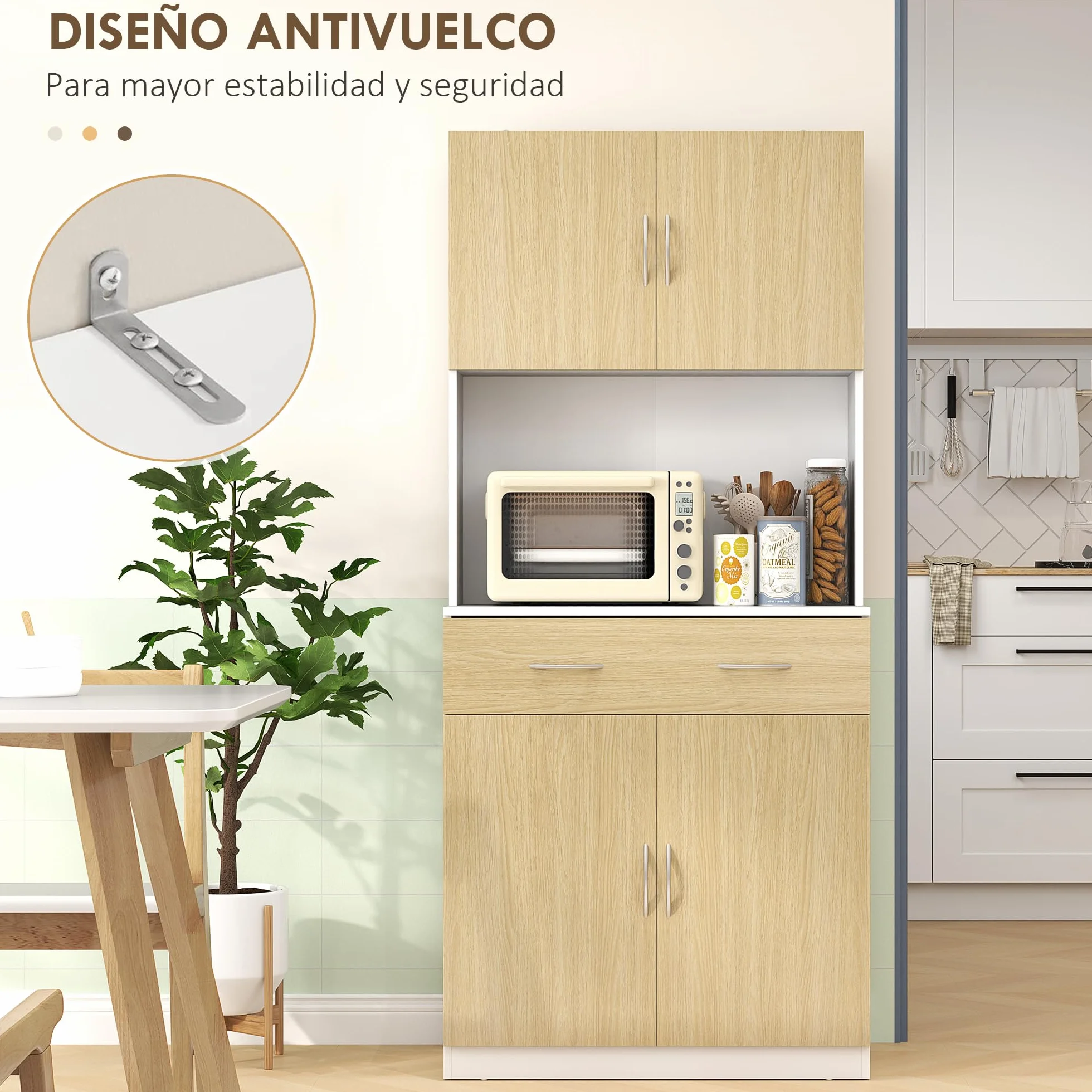 HOMCOM Alacena de Cocina Mueble Auxiliar de Cocina con Puertas Cajón y Estantes Ajustables Antivuelco para Comedor Salón 80x40x180 cm Natural y Blanco