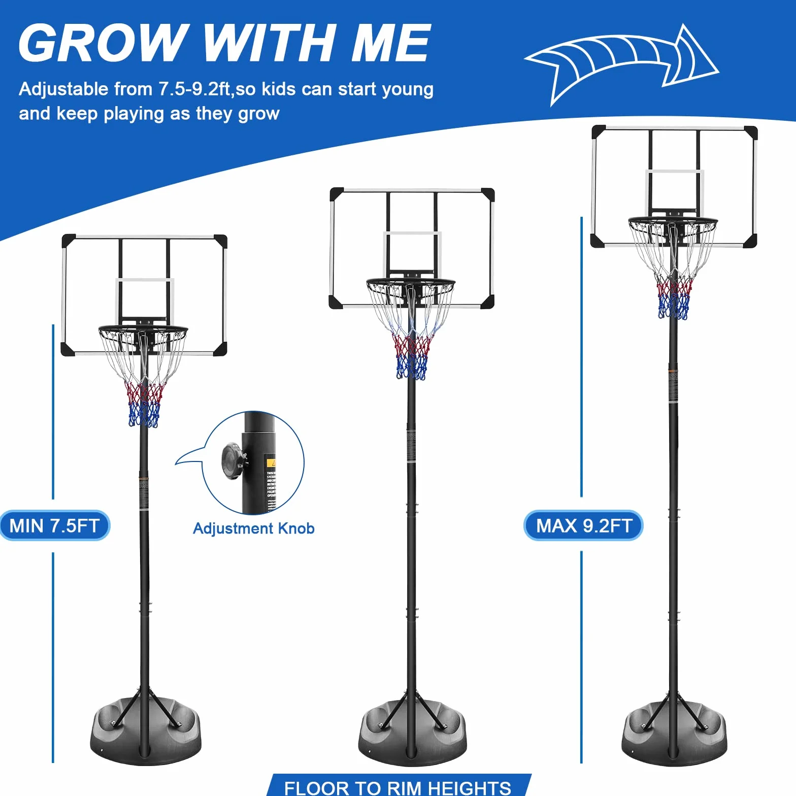 Sistema de aro de baloncesto portátil de altura ajustable 7-9 pies tablero transparente 32 pulgadas ruedas interiores exteriores 230-280 cm