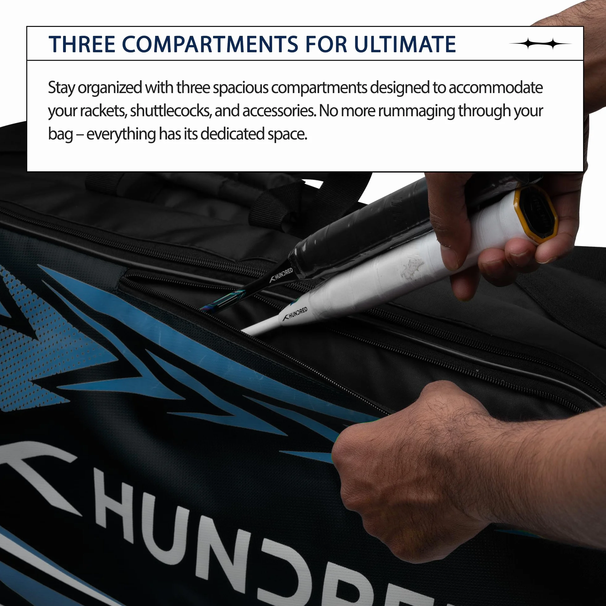 HUNDRED Urban Pod Badminton Kit-Bag 3 Spacious Compartments Double Zipper Closure