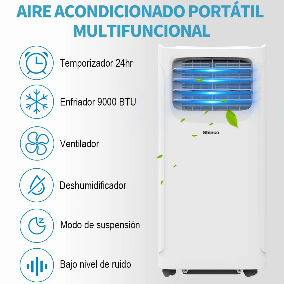 SHINCO 9000BTU Aire Acondicionado Portátil con Función 3 en 1, Aire acondicionado, Deshumidificador, Ventilador, Modo de suspensión, Para máximo de 22㎡, Temporizador de 24 horas, Kit de Ventana