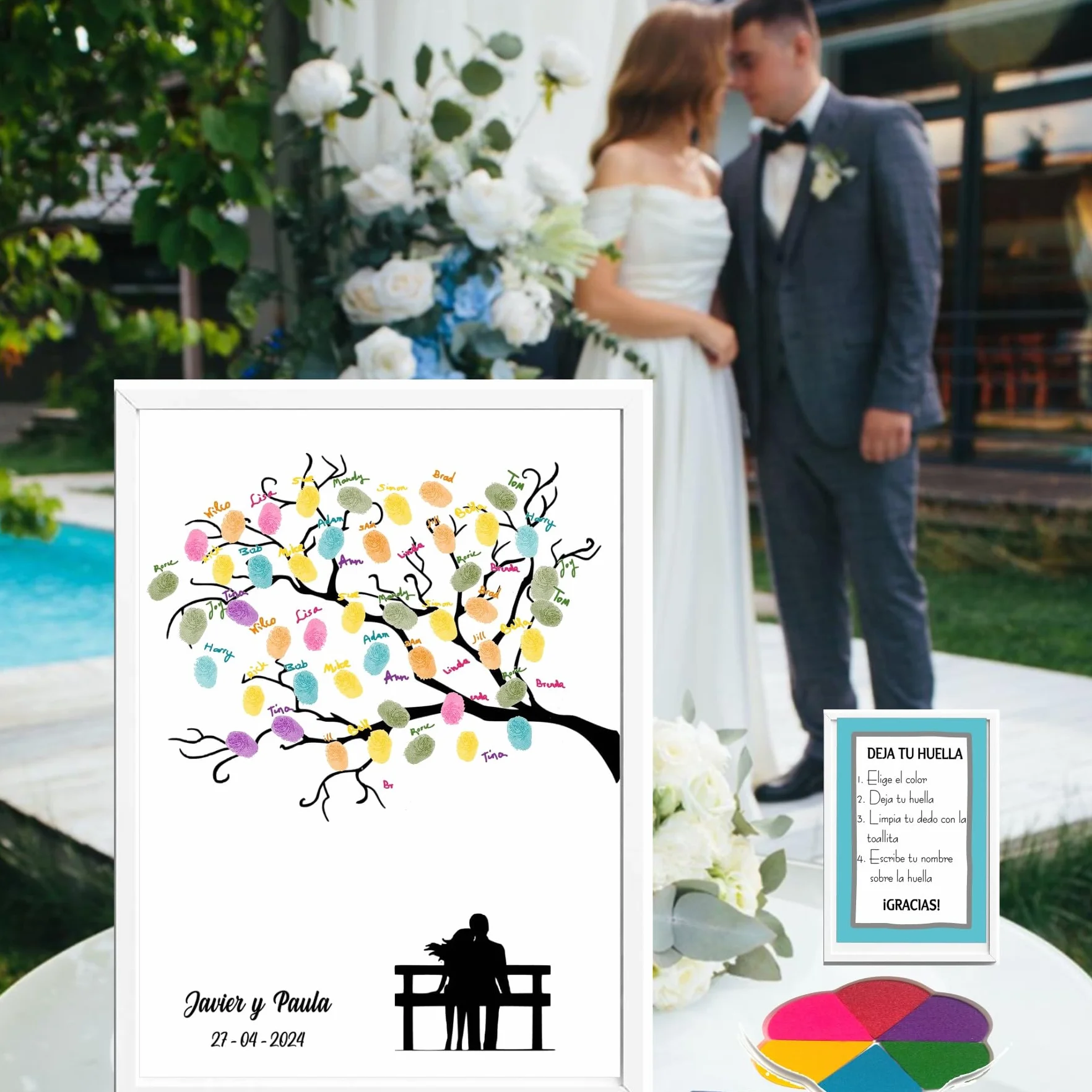Libro Firmas Boda, Cuadro de Huellas Personalizado, Regalo Original para Novios, Incluye Marco de Madera en 3 Colores, Tintas, Intrucciones. (Parque)