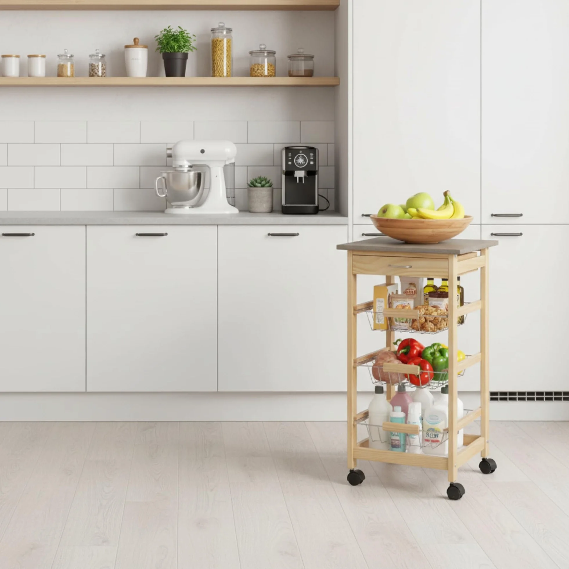 INDE MOBLEKIT | Carrito Auxiliar con Ruedas 3 Estantes con Cajón, Verdulero de Cocina en Madera Natural, Verdulero Práctico para Frutas y Verduras, Mueble Auxiliar de Cocina con Estantes