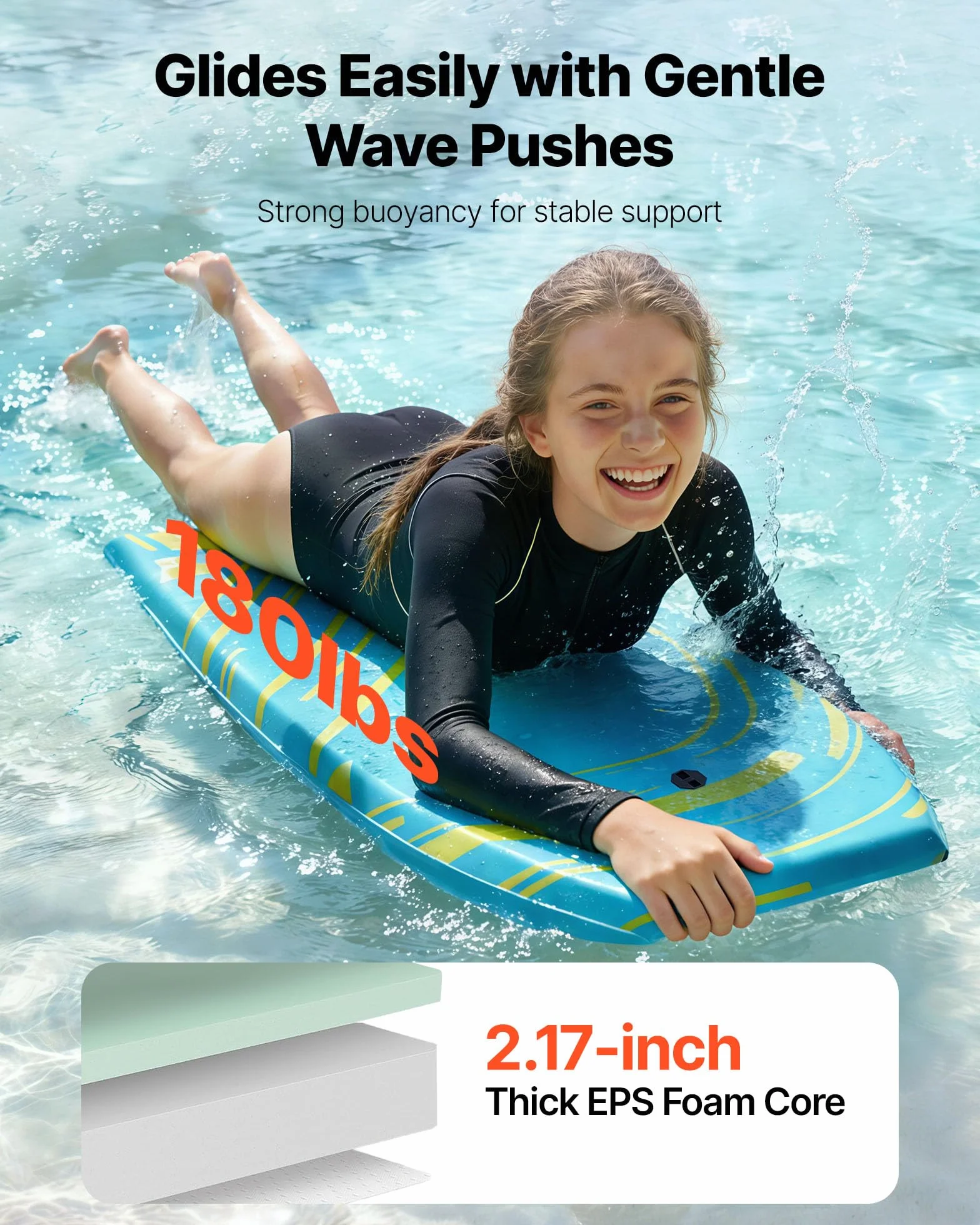 VEVOR Tabla de Bodyboard 105,5 cm EPS Espuma Correa Muñeca 81,7 kg UV Principiantes Jóvenes