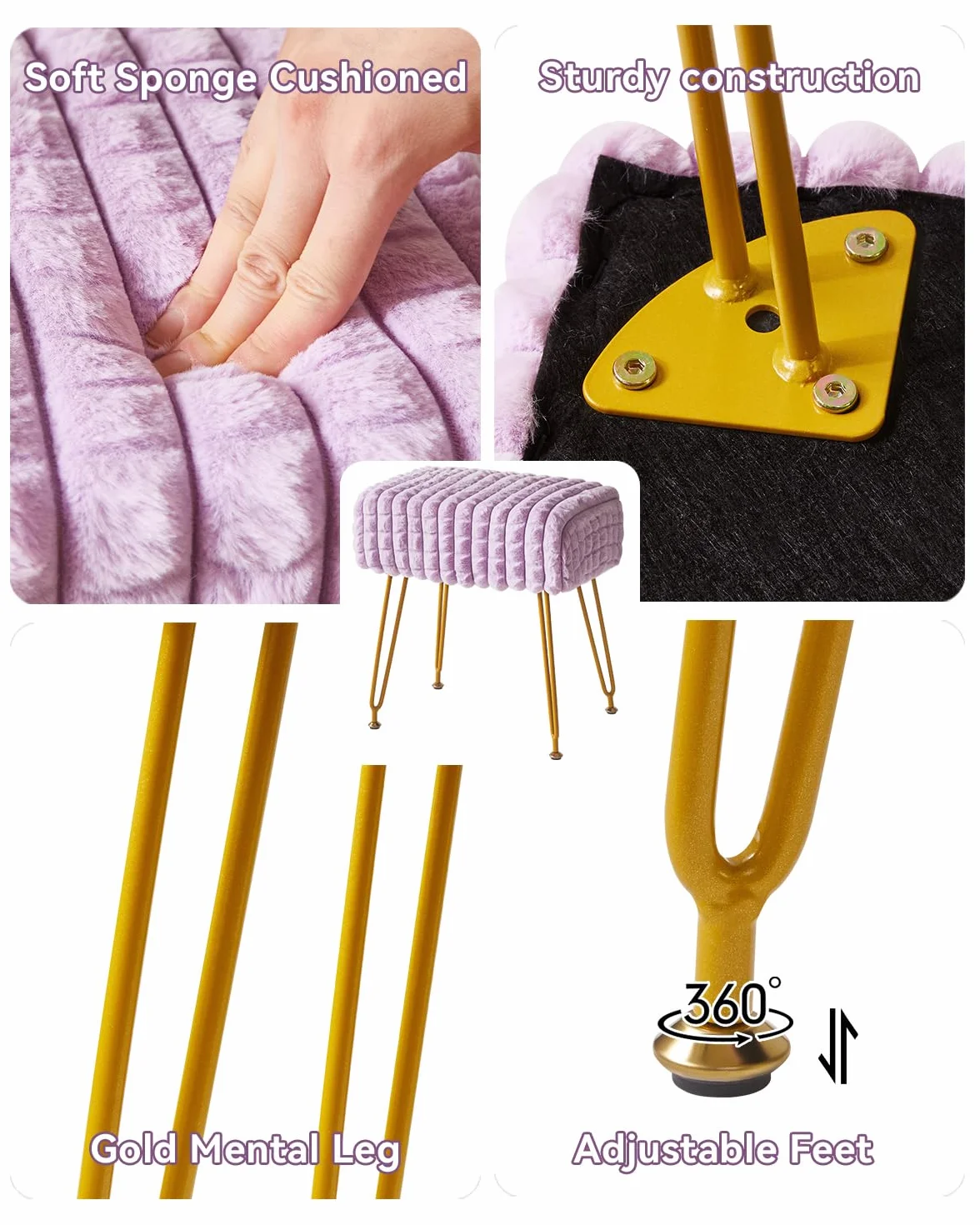 IBUYKE Otomano Rectangular Taburete de Terciopelo con Piernas de Acero Dorado Púrpura