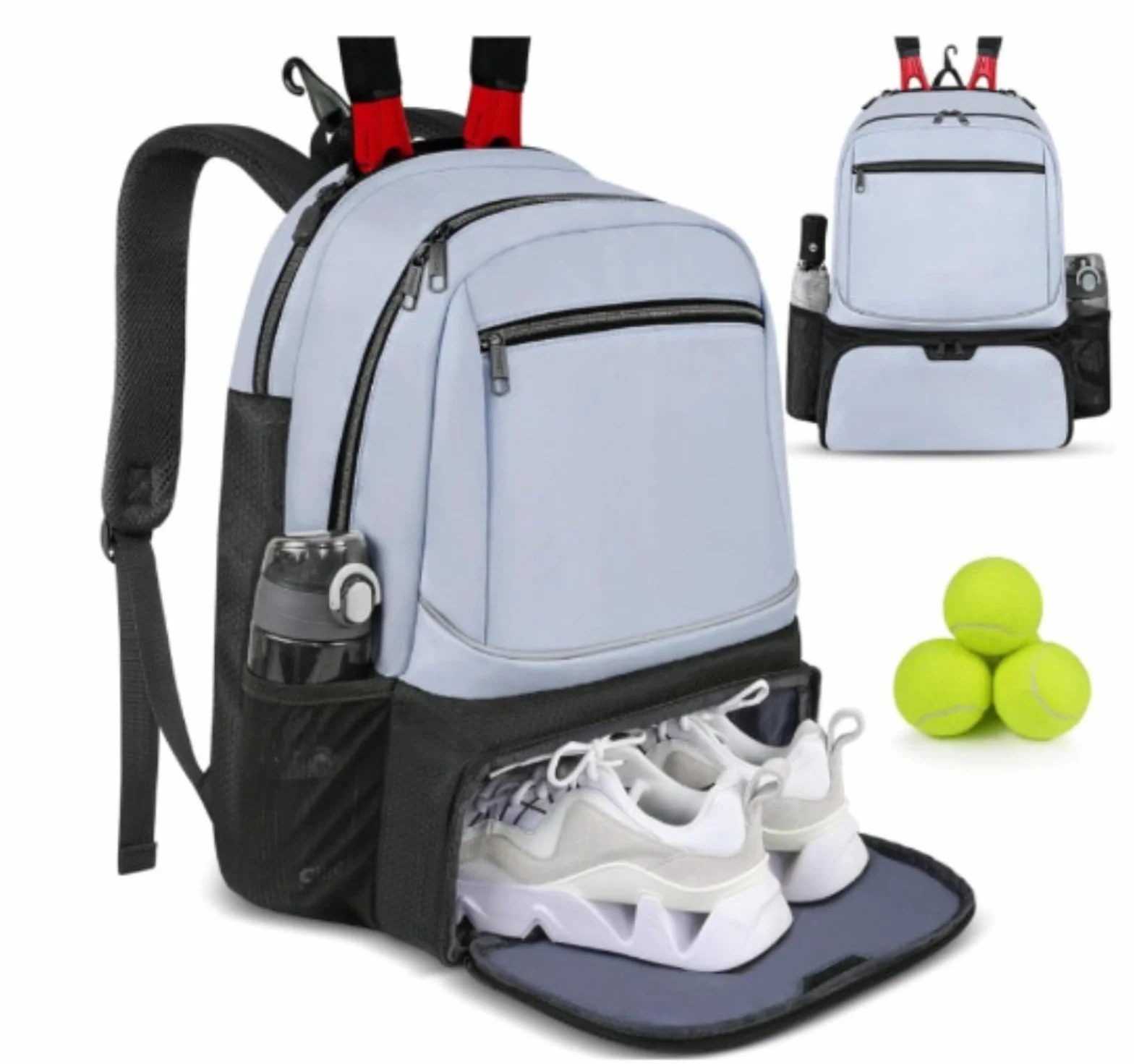 Bolsa de tenis con gancho para valla, compartimento separado para zapatos, bolsillo de malla para pelotas