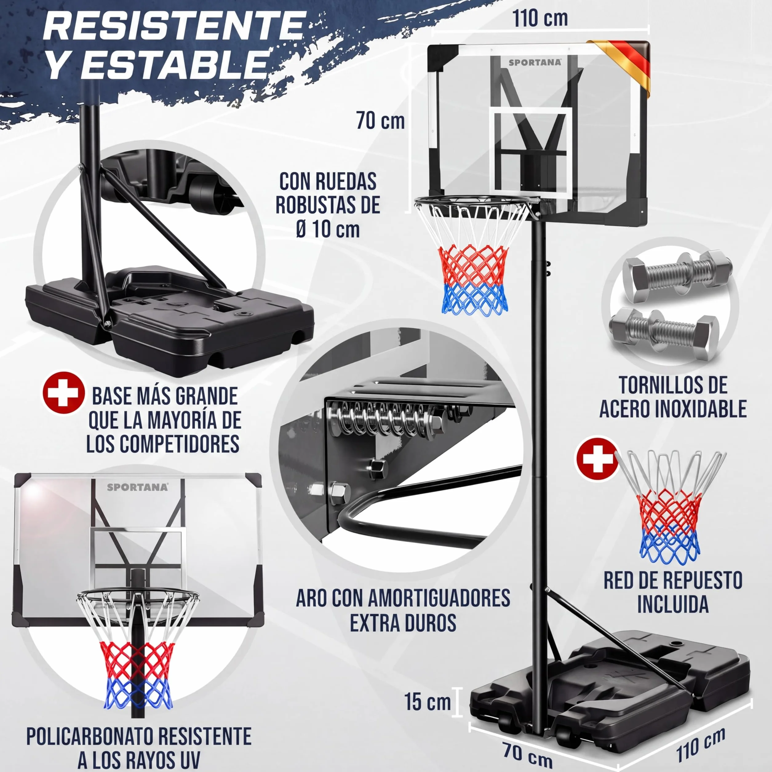 Canasta Baloncesto Exterior Altura Regulable 135-305 cm Soporte Portátil Base Rellenable 60 kg Aro Amortiguador Ø45 cm