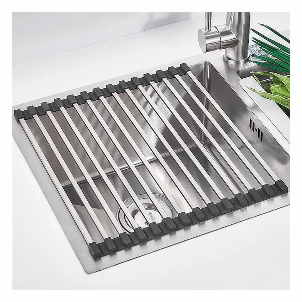 Escurridor de Platos Enrollable, Plegable y Extensible, Antideslizante, de Tubo Cuadrado, de Acero Inoxidable.