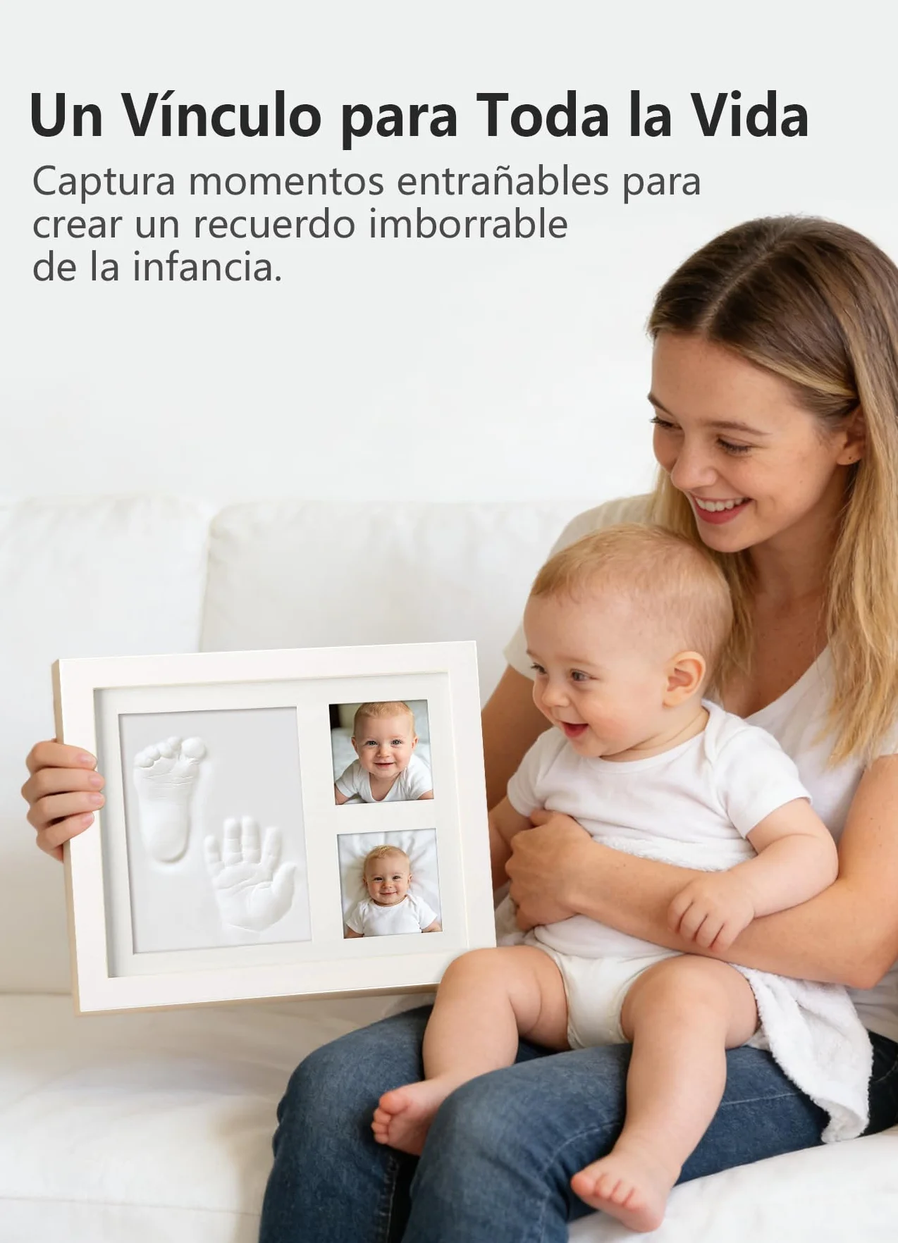 Kit de Huellas de Mano y Pie para Bebé, Arcilla Segura, Marco Personalizado, Regalo Baby Shower - Blanco