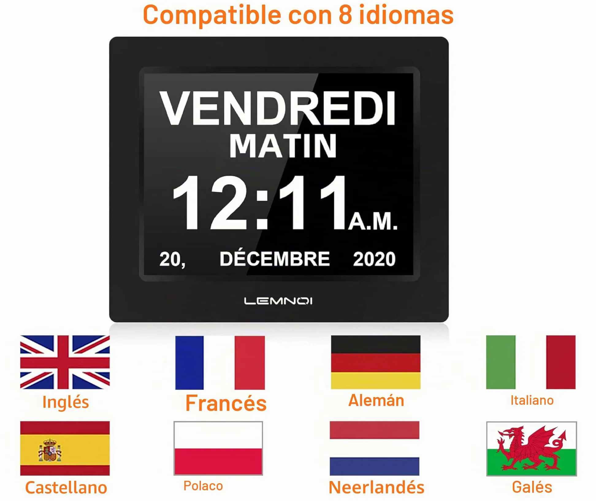 LEMNOI 8 Pulgadas Reloj Digital Calendario con Fecha y Hora,Reloj Alzheimer,Atenuación automática,8 Idiomas,Recordatorios de Medicamentos para Alzheimer Ancianos (Negro)