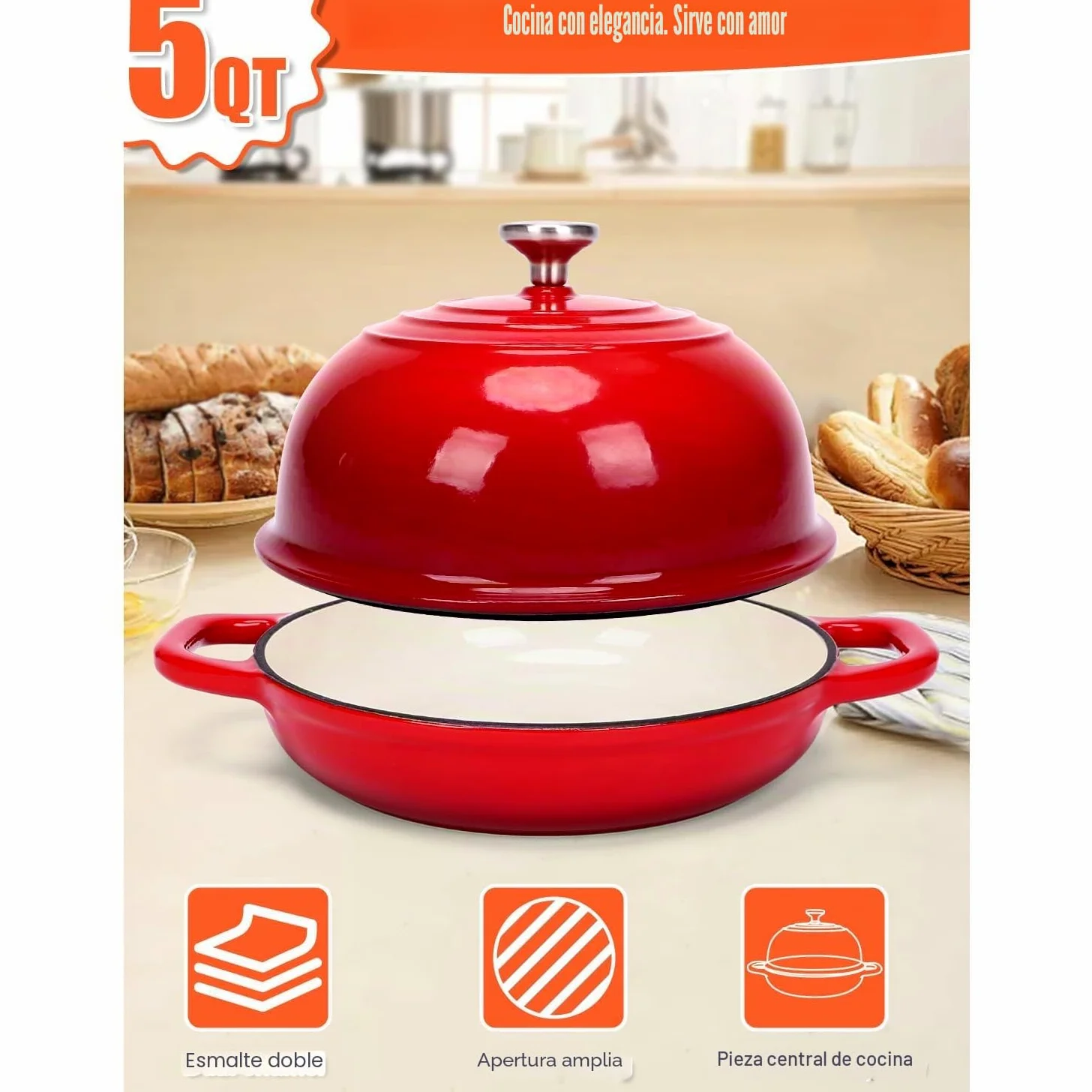 GFTIME Olla de hierro fundido para hornear pan, cacerola con tapa, 5 cuartos de cuarto, horno holandés, sartén para pan con cesta de fermentación, cortador, mezclador de masa, olla de hierro fundido