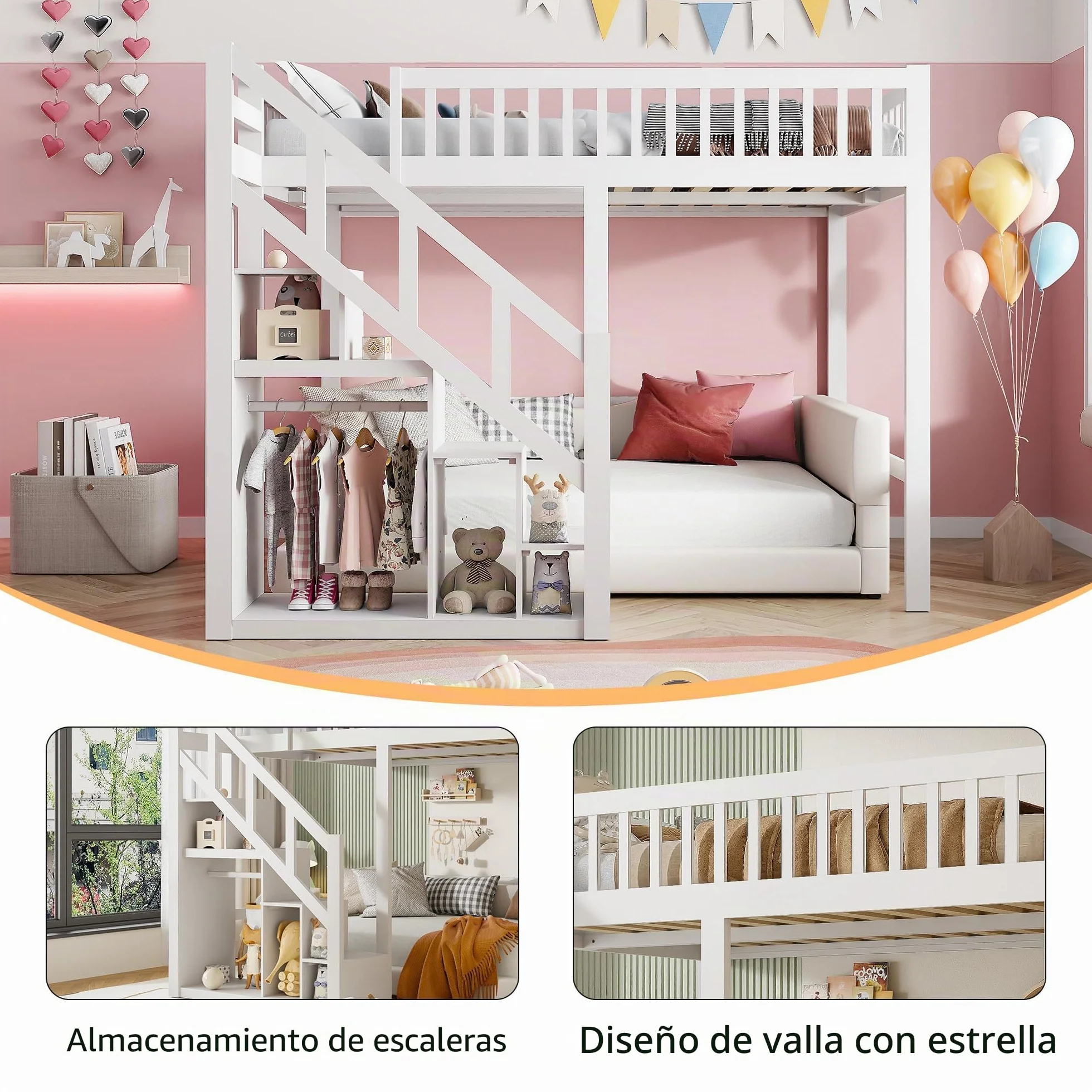Cama Alta 140x200 cm para Niños y Adolescentes, Cama Elevada de Madera de Pino con Escalera de Almacenamiento y Barandilla de Seguridad, Estructura Juvenil Ahorro de Espacio, Blanco