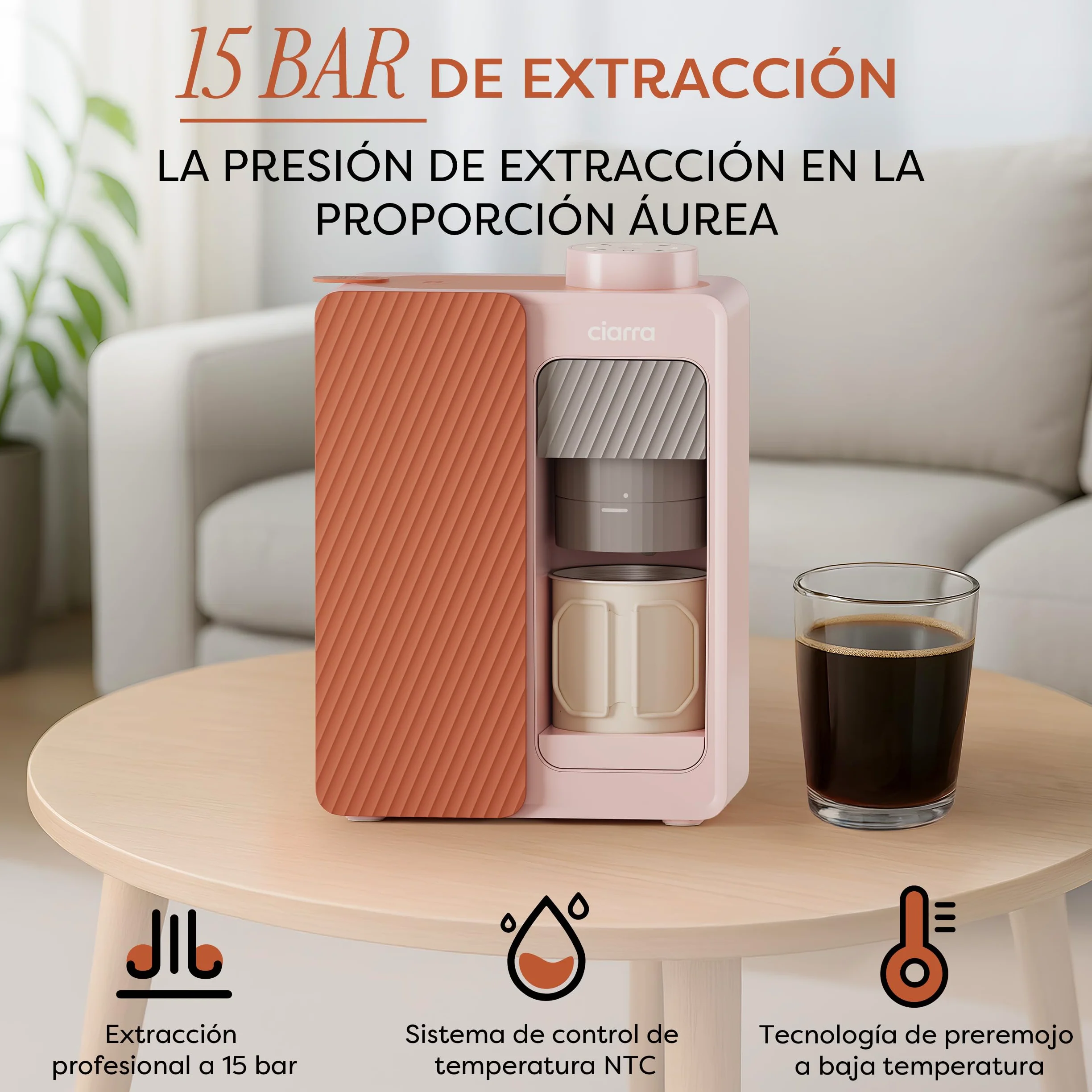 CIARRA BloomBox Cafetera Portátil Espresso de 15 bares Rosa | con Batería y Conexión a la Red Eléctrica, Máquina de Café Recargable Autocalentable para Acampadas y Viajes - CBPCM551-P