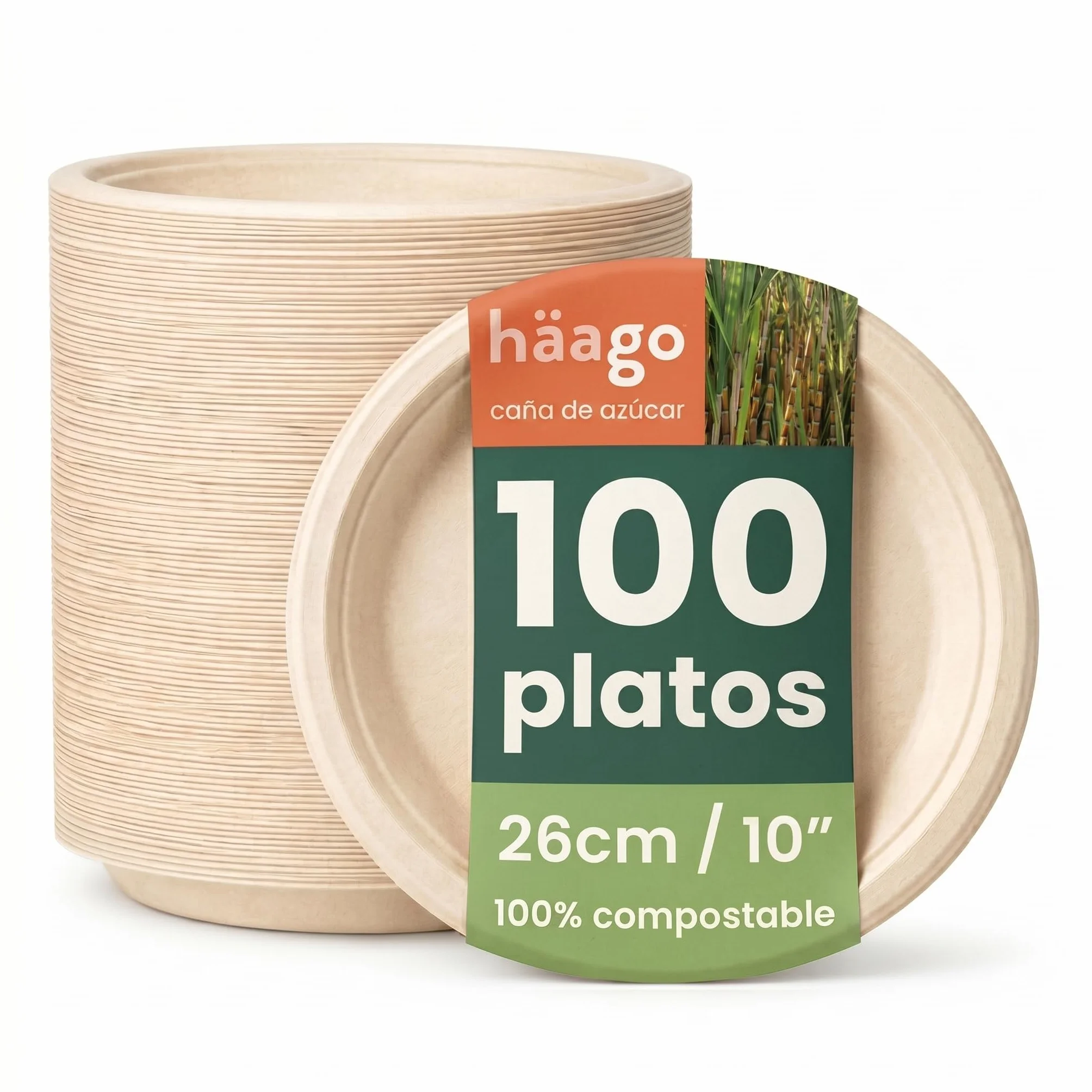 HAAGO 100 Platos Compostables de Caña de Azúcar, 26 cm / 10" – Platos de Cartón Resistentes, Anti-Grasa y a Prueba de Fugas – Biodegradables & Desechables para Fiestas, Navidad, Bodas & Cumpleaños