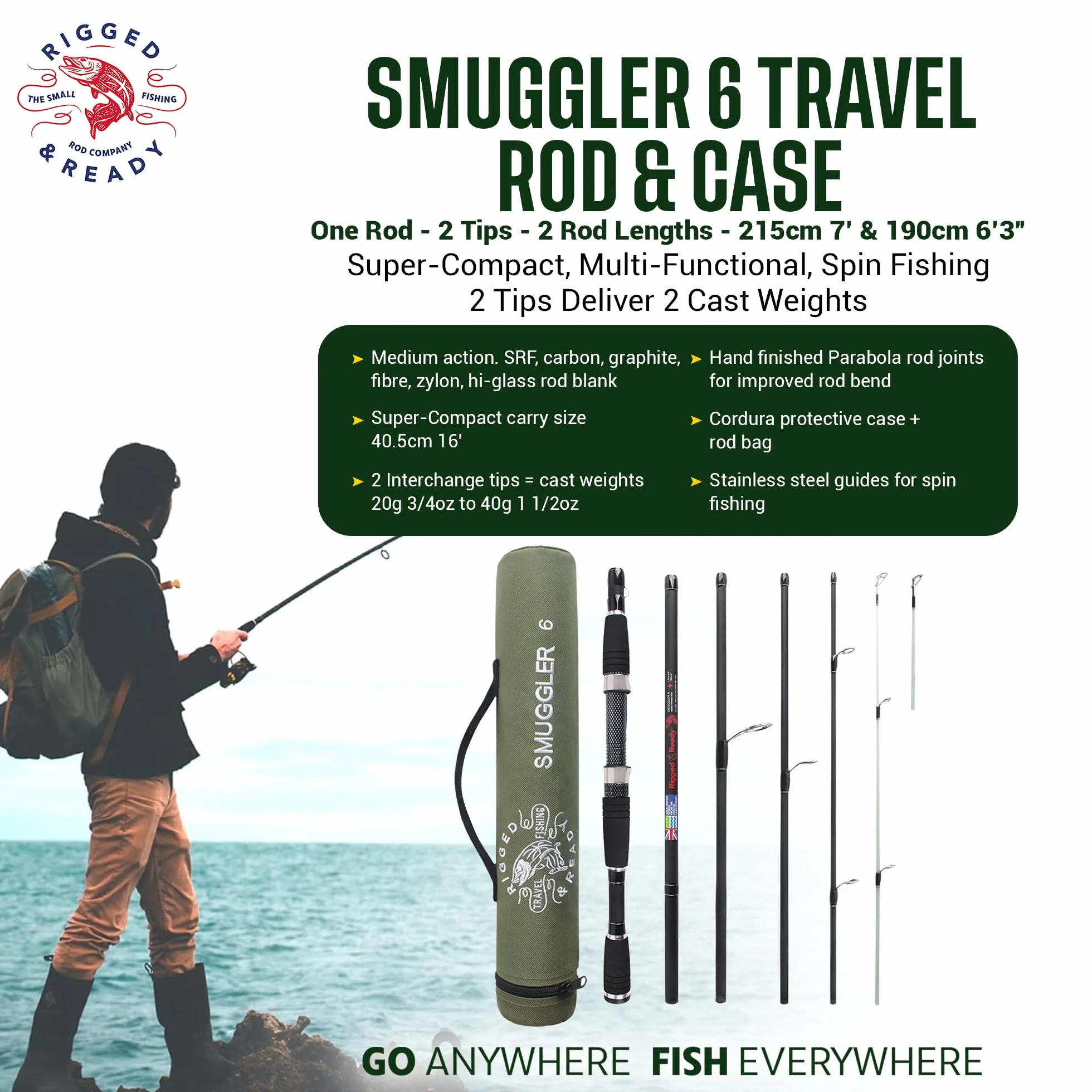 Cañas de Pescar Smuggler Series Rigged and Ready 5 Longitudes Supercompactas Multifunción con Puntas para Viaje Agua Dulce